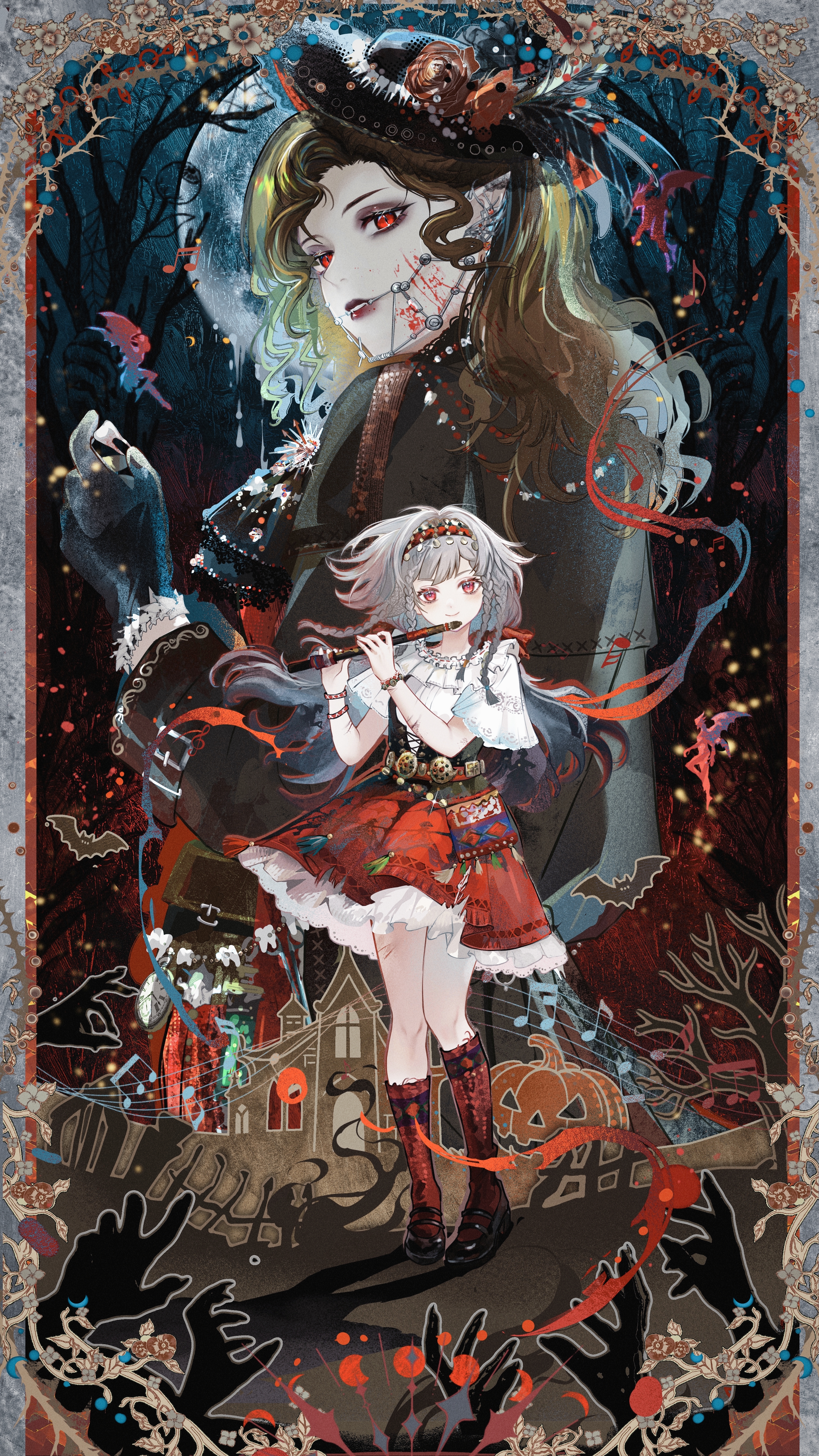 sijiu 49, rubuska, tooth fairy (reverse:1999), reverse:1999, absurdres, highres, 2girls, alternate costume, alternate eye color, bat (animal), beamed eighth notes, beamed sixteenth notes, black corset, black gloves, black hat, black shoes, border, bracelet, braces, brown hair, collar, corset, creature, eighth note, fairy, flower, flute, frilled collar, frills, full body, full moon, gloves, grey border, grey hair, hands up, hat, hat flower, holding, holding flute, holding instrument, house, huge moon, instrument, jack-o'-lantern, jewelry, kneehighs, long hair, looking at viewer, low twintails, mary janes, miniskirt, moon, multiple girls, musical note, musical staff, night, night sky, ornate border, pumpkin, quad braids, red eyes, red flower, red lips, red skirt, red socks, shirt, shoes, short sleeves, skirt, sky, smile, socks, standing, twintails, upper body, white shirt