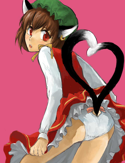 nakamuhadaka q, nakamuraimo, chen, touhou, 1girl, animal ears, ass, brown hair, cat ears, cat girl, cat tail, earrings, female focus, hat, heart, heart tail, jewelry, multiple tails, panties, red eyes, short hair, simple background, solo, tail, underwear, white panties