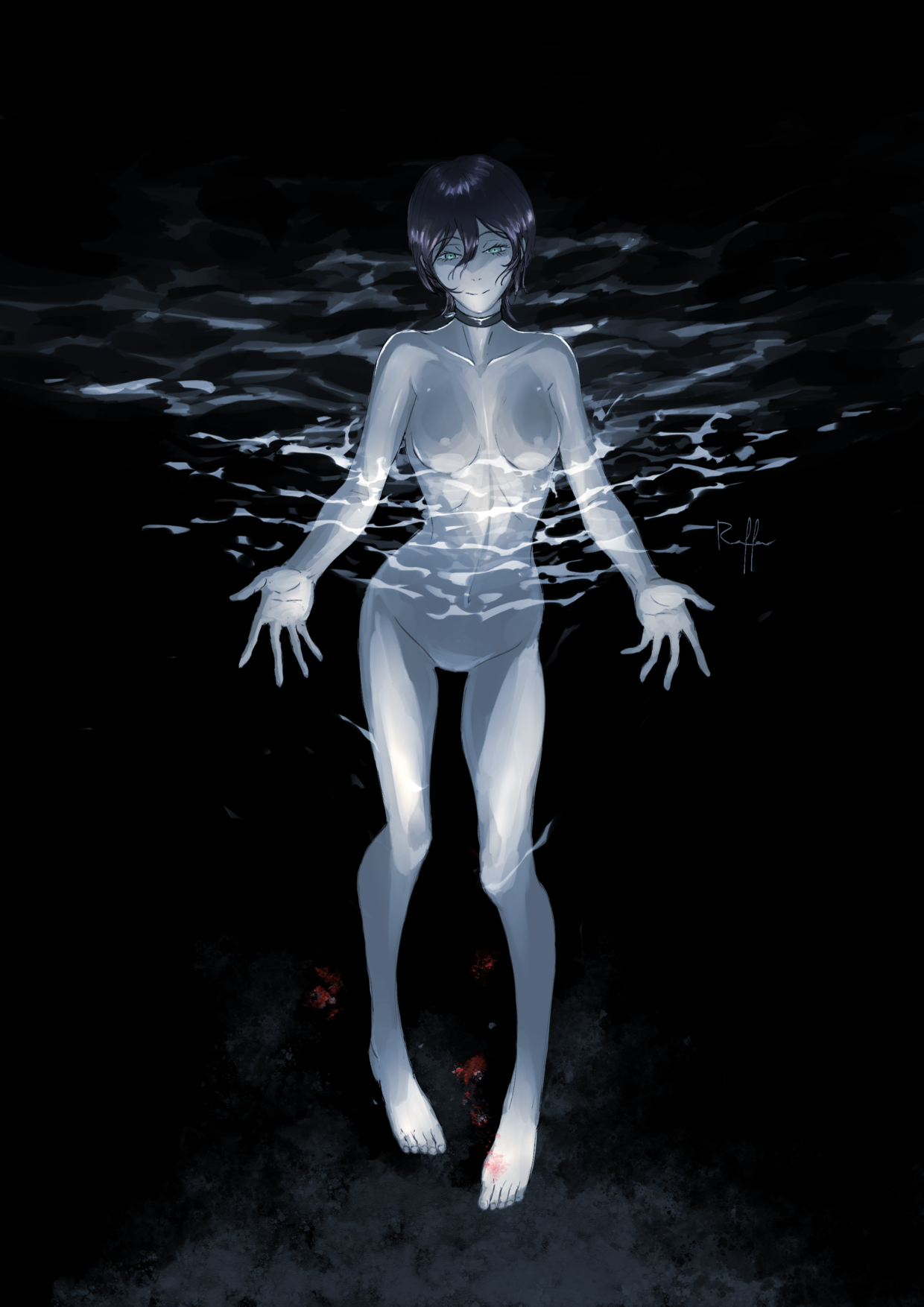 raffa 314, reze (chainsaw man), chainsaw man, highres, 1girl, black choker, black hair, breasts, choker, closed mouth, feet, full body, green eyes, hair between eyes, medium breasts, navel, nude, pale skin, partially submerged, smile, solo, water