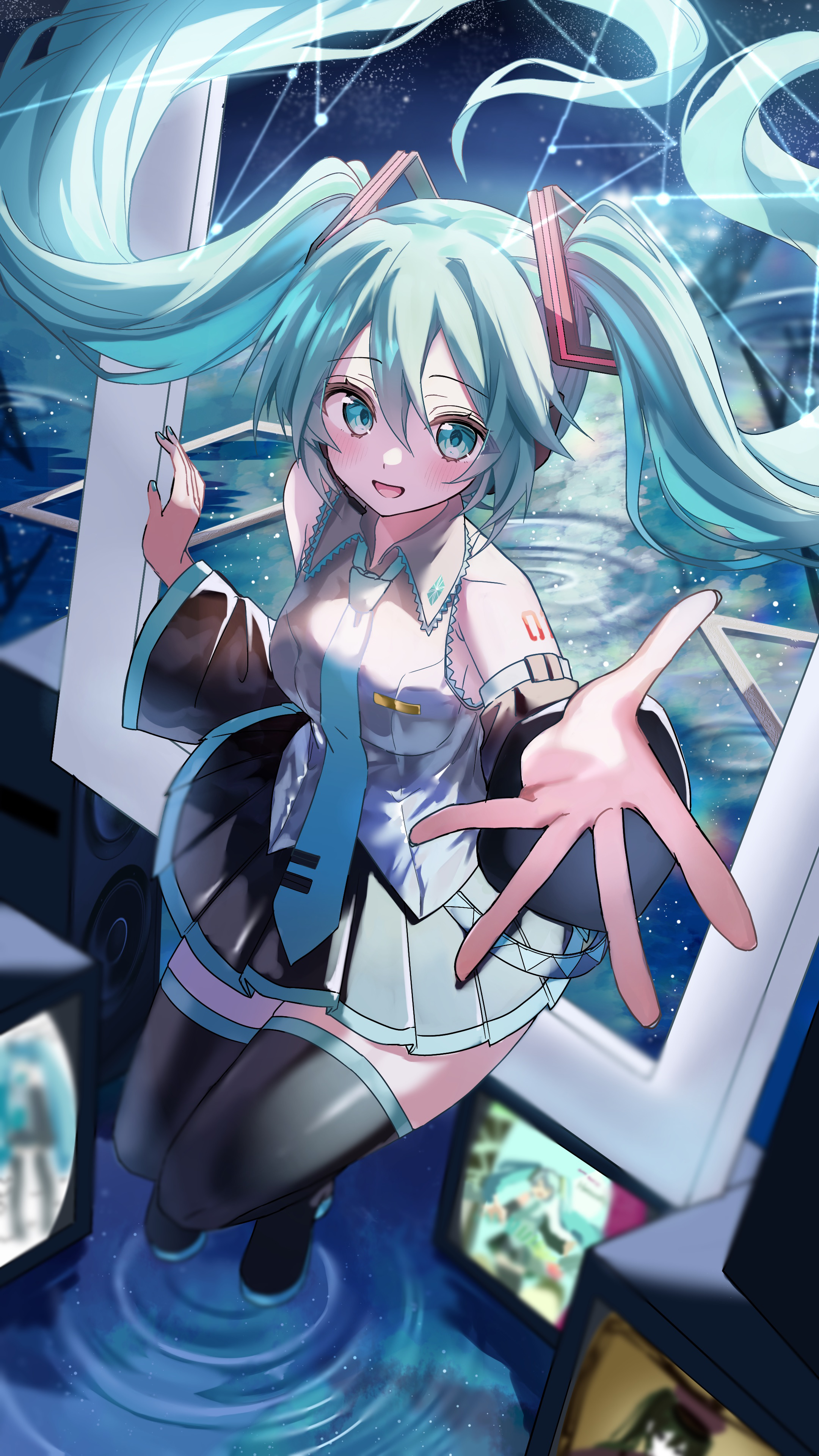 urara 31 e, hatsune miku, vocaloid, absurdres, highres, 1girl, aqua eyes, aqua hair, aqua nails, aqua necktie, aqua trim, arm tattoo, black skirt, blush, boots, breasts, collarbone, collared shirt, detached sleeves, grey shirt, hair between eyes, hair ornament, headset, long hair, long sleeves, looking at viewer, medium breasts, necktie, number tattoo, open mouth, pleated skirt, reaching, reaching towards viewer, shirt, sitting, skirt, sleeveless, sleeveless shirt, smile, solo, tattoo, thigh boots, twintails, very long hair, wide sleeves
