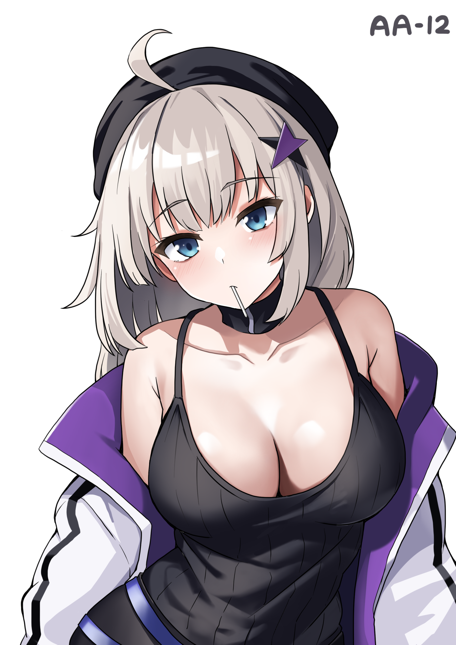 ki-51 (ampullaria), aa-12 (girls' frontline), girls' frontline, highres, 1girl, ahoge, alternate breast size (larger), armpit crease, bare shoulders, black camisole, black choker, black hat, blue eyes, blush, breasts, camisole, candy, character name, choker, cleavage, collarbone, dot nose, food, food in mouth, grey hair, hair ornament, hat, jacket, lollipop, long hair, looking at viewer, multicolored jacket, off shoulder, open clothes, open jacket, purple jacket, solo, star (symbol), star hair ornament, straight-on, turtleneck, two-tone jacket, upper body, white background, white jacket