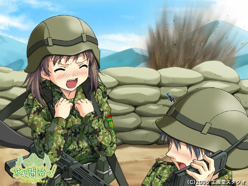 game cg, tagme, 1boy, 1girl, army, blush, gun, helmet, weapon