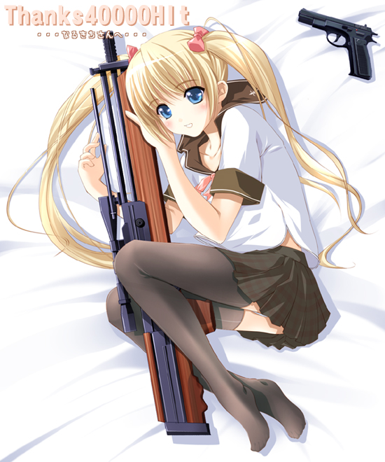 walther, tagme, 1girl, blonde hair, blue eyes, bullpup, cz 75, gun, handgun, panties, pistol, rifle, school uniform, scope, serafuku, sniper rifle, thighhighs, twintails, underwear, walther wa 2000, weapon