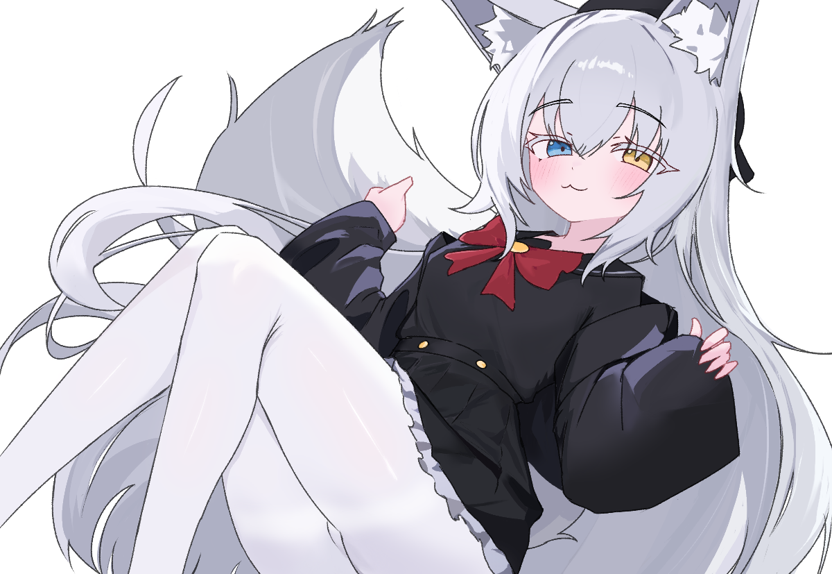 wingcat, original, character request, commentary, 1girl, :3, animal ear fluff, animal ears, beret, black hat, black sailor collar, black serafuku, black skirt, blue eyes, blush, bow, bowtie, breasts, closed mouth, dot nose, fox ears, fox girl, fox tail, hair between eyes, hat, heterochromia, knees together feet apart, long hair, long sleeves, looking at viewer, pale skin, pantyhose, pleated skirt, puffy long sleeves, puffy sleeves, raised eyebrows, red bow, sailor collar, school uniform, serafuku, shirt, simple background, skirt, small breasts, smile, solo, tail, very long hair, white background, white hair, white pantyhose, white tail, white trim, yellow eyes