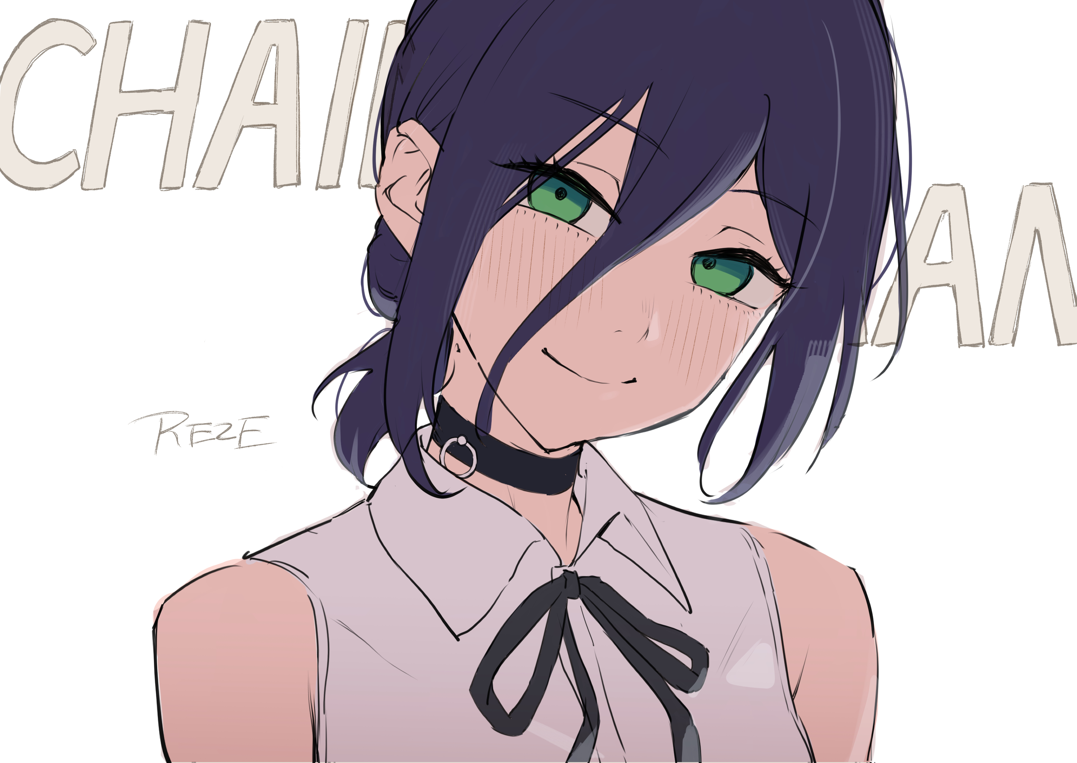 masami atabe, reze (chainsaw man), chainsaw man, absurdres, commentary request, highres, 1girl, black choker, black hair, black ribbon, character name, choker, closed mouth, green eyes, grenade pin, hair between eyes, looking at viewer, ribbon, shirt, sleeveless, sleeveless shirt, smile, solo