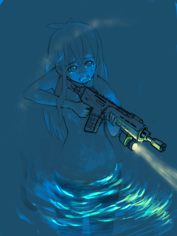 tagme, adaptive combat rifle, assault rifle, dark, flashlight, gun, long hair, rifle, tactical light, tears, water, weapon