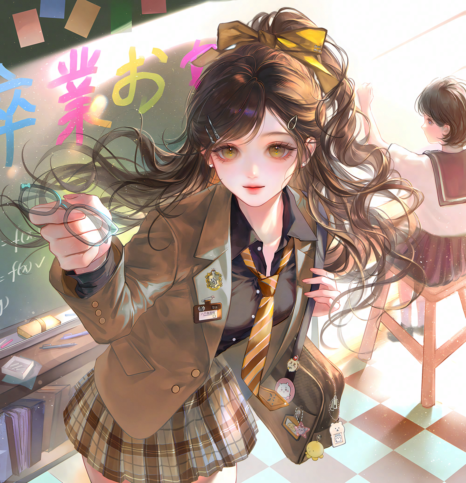 ling0, original, highres, large variant set, variant set, 2girls, bag, bow, brown hair, brown jacket, chalkboard, glasses, hair bow, hair ornament, hairclip, holding, indoors, jacket, lips, long hair, looking at viewer, multiple girls, necktie, plaid clothes, plaid skirt, pleated skirt, ponytail, ribbon, school bag, school uniform, serafuku, shirt, skirt, yellow necktie