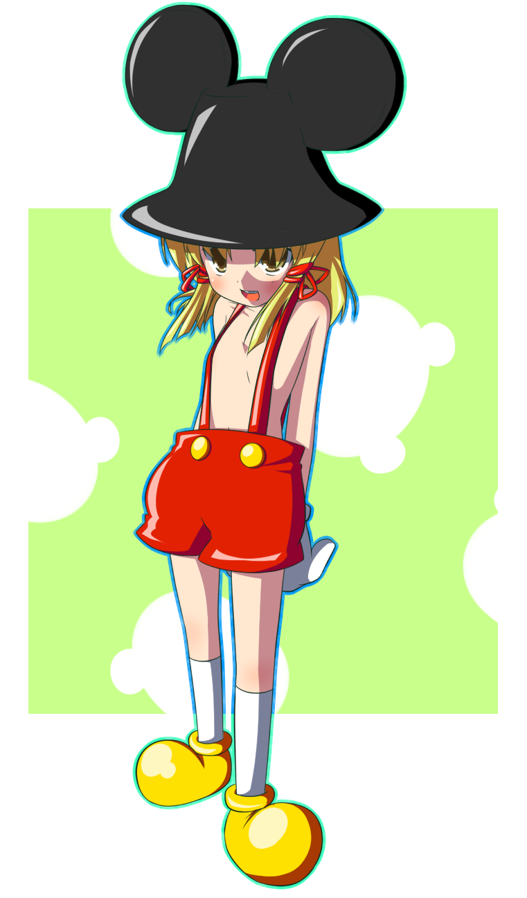 sugu maigo ninaru umumu, umumu (pilcre), mickey mouse, moriya suwako, disney, mickey mouse & friends, touhou, highres, non-web source, 1girl, blonde hair, blush, cosplay, female focus, hat, mickey mouse (cosplay), naked suspenders, revealing clothes, ribbon, short hair, shorts, solo, suspenders, topless female, yellow eyes