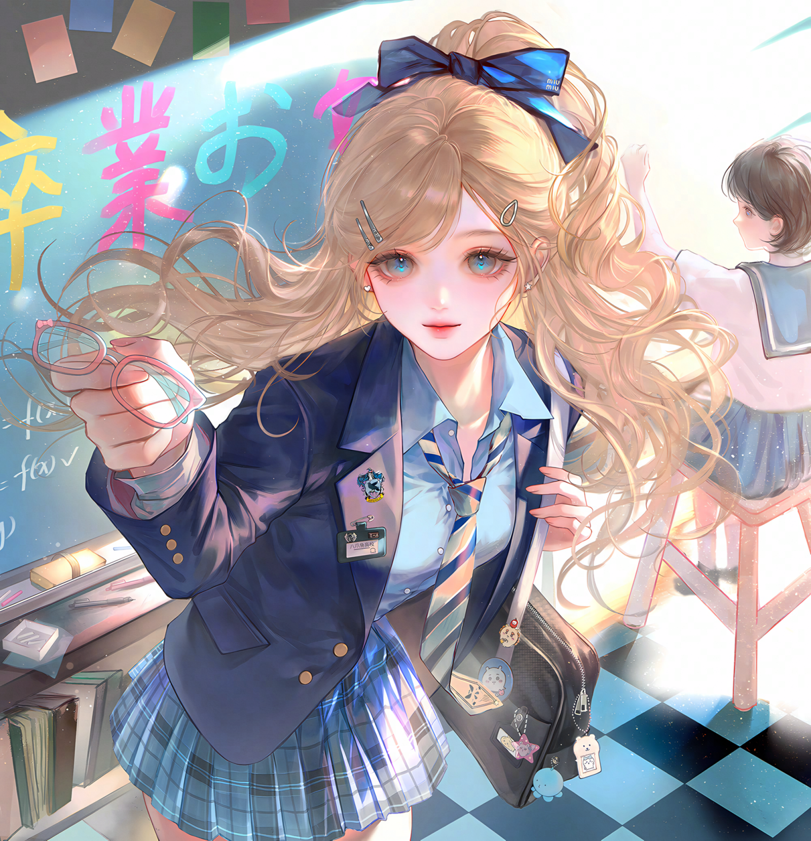 ling0, original, highres, large variant set, variant set, 2girls, bag, blazer, blonde hair, blue eyes, blue jacket, blue necktie, blue skirt, bow, collared shirt, hair bow, hair ornament, hairclip, holding, indoors, jacket, long hair, long sleeves, looking at viewer, multiple girls, necktie, plaid clothes, plaid skirt, pleated skirt, ponytail, school bag, school uniform, shirt, skirt, smile, standing