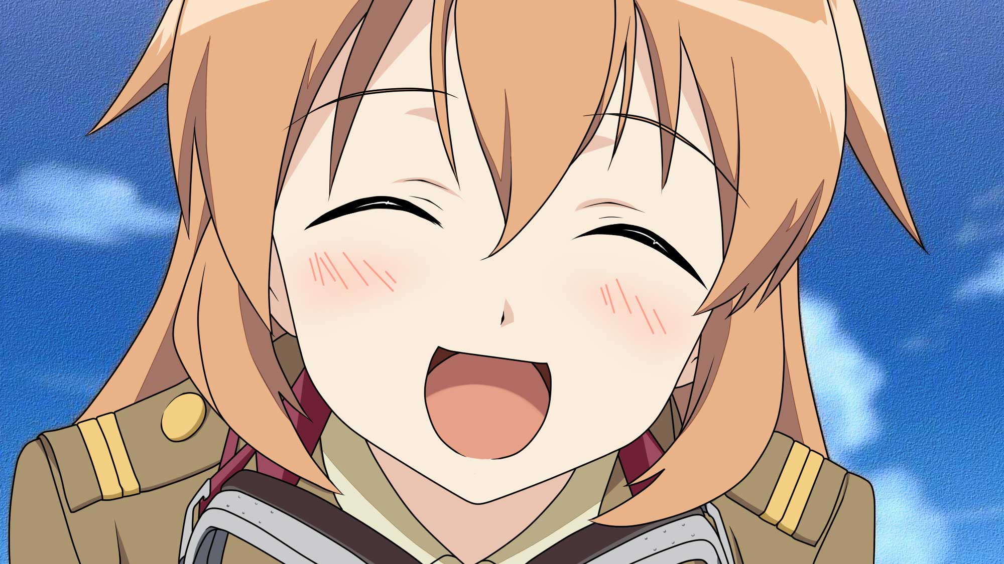 charlotte e. yeager, strike witches, world witches series, uniform, anime screenshot, highres, 00s, 1girl, blush, cloud, day, female focus, orange hair, portrait, sky, solo