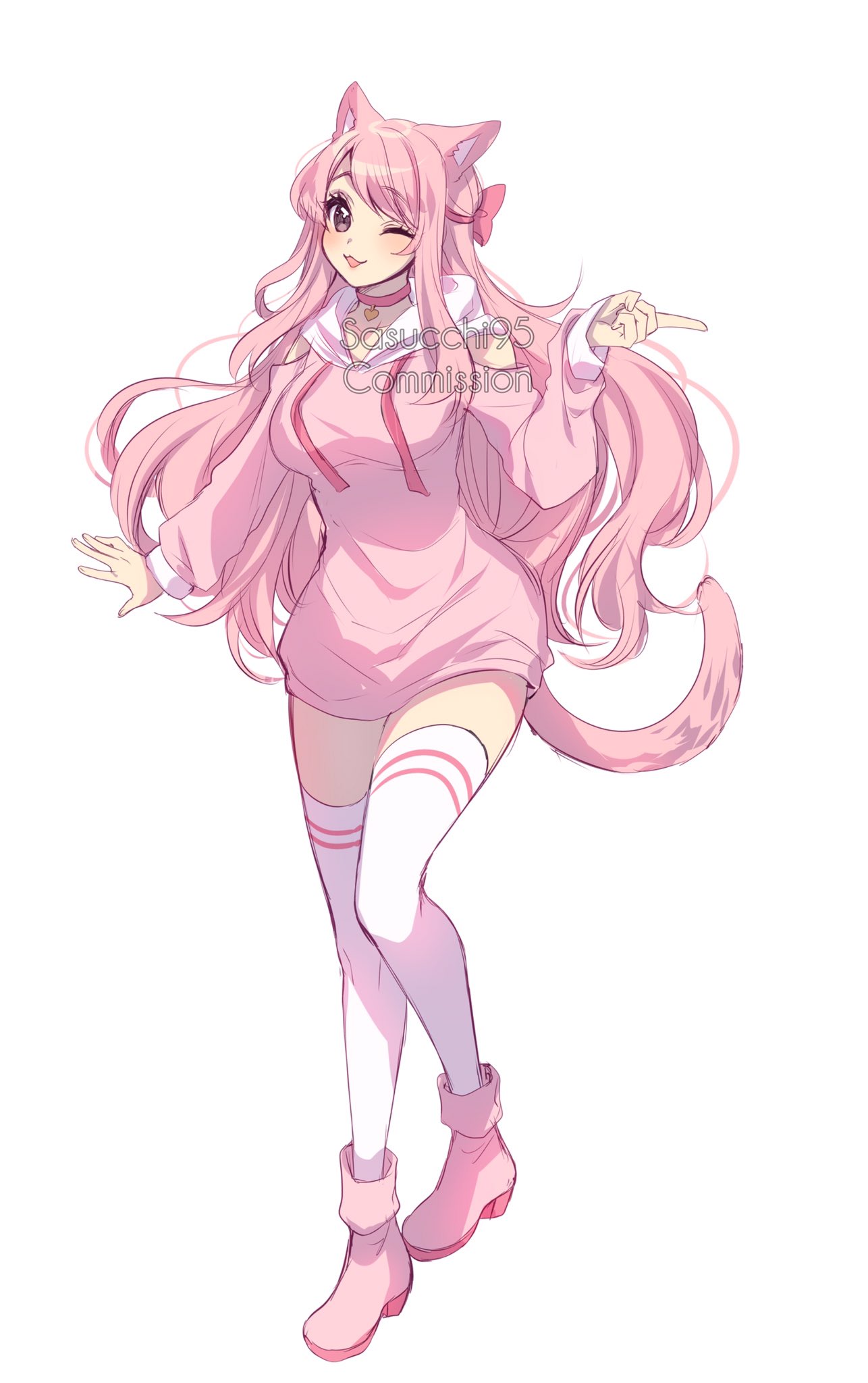 sasucchi95, original, commentary, commission, english commentary, highres, 1girl, ;3, animal ears, ankle boots, arm at side, artist name, bare shoulders, black eyes, blush, boots, bow, breasts, cat ears, cat girl, cat tail, choker, clothing cutout, double-parted bangs, drawstring, full body, hair between eyes, hair bow, hand up, heart, heart choker, high heel boots, high heels, hood, hood down, hoodie, index finger raised, long hair, looking at viewer, medium breasts, one eye closed, open mouth, pink boots, pink bow, pink choker, pink hair, pink hoodie, pink tail, shoulder cutout, sidelocks, simple background, solo, standing, standing on one leg, swept bangs, tail, thighhighs, very long hair, watermark, wavy hair, white background, white hood, white thighhighs