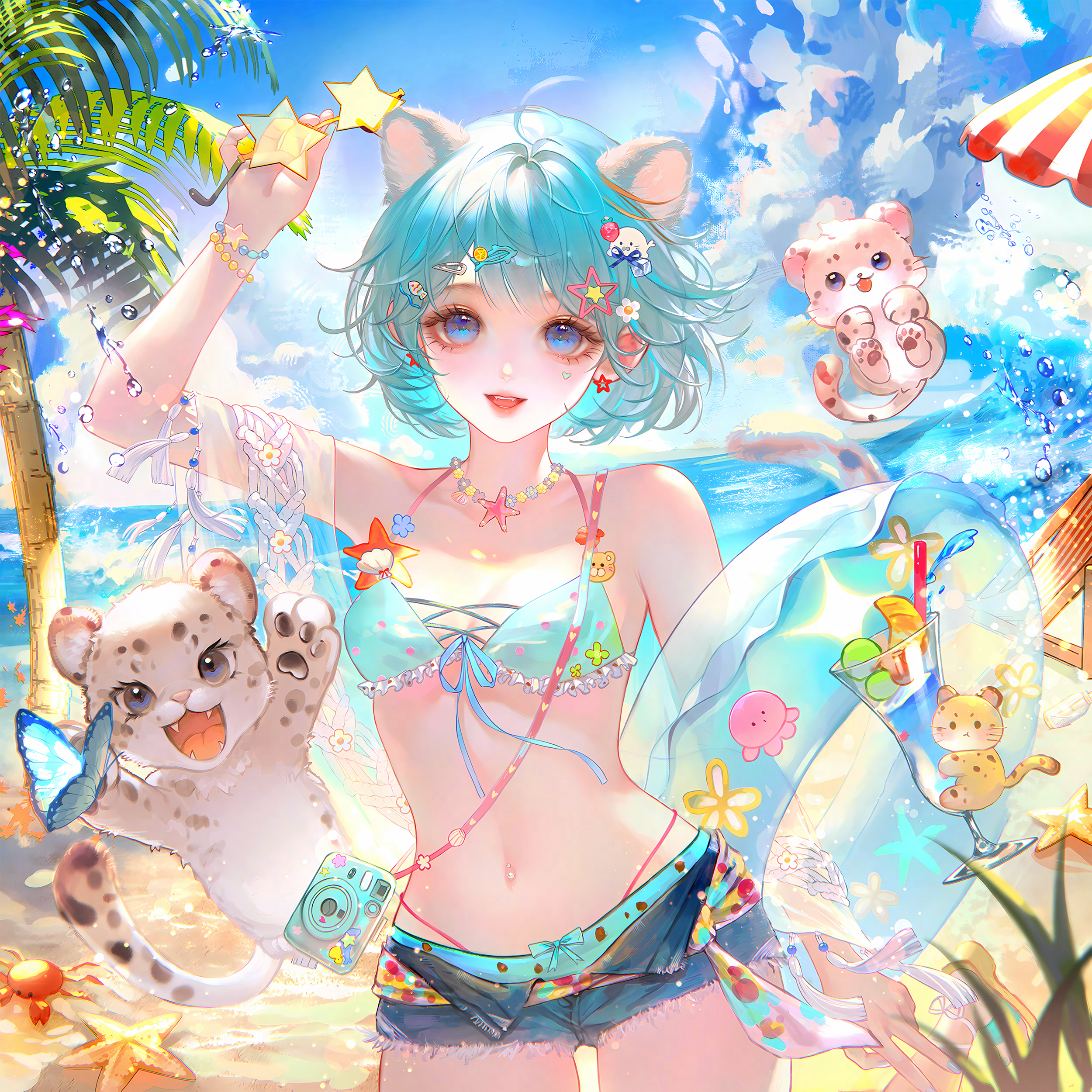 ling0, original, absurdres, highres, 1girl, :d, ahoge, animal, animal ears, aqua hair, arm up, bare shoulders, beach, bead bracelet, beads, belt, bikini, blue bikini, blue eyes, blue hair, blue shorts, blue sky, bracelet, breasts, cat, cat ears, cloud, collarbone, day, denim, denim shorts, drinking straw, earrings, frills, front tie bikini top, front tie top, hair ornament, hairclip, heart, holding, innertube, jewelry, looking at viewer, navel, necklace, ocean, open mouth, outdoors, palm tree, short hair, short shorts, shorts, sky, small breasts, smile, solo, standing, star (symbol), star hair ornament, star symbol, stomach, summer, swim ring, swimsuit, tail, tree, umbrella, water