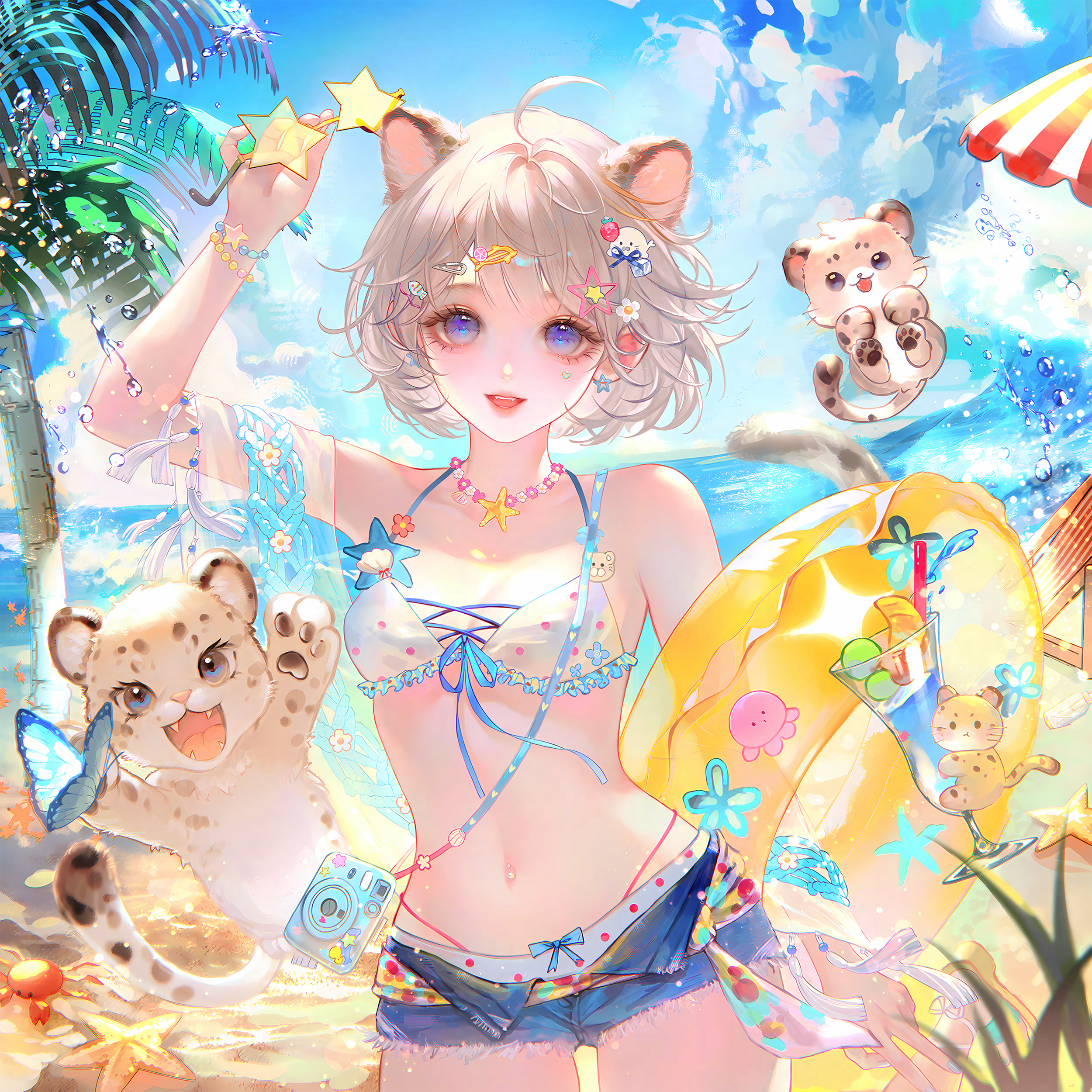 ling0, original, absurdres, highres, 1girl, :d, ahoge, animal, animal ears, arm up, bare shoulders, beach, bikini, blue eyes, blue shorts, blue sky, bracelet, breasts, cloud, collarbone, cup, day, denim, denim shorts, drinking straw, earrings, frills, front tie top, hair ornament, hairclip, heart, holding, innertube, jewelry, looking at viewer, navel, necklace, ocean, open mouth, outdoors, palm tree, polka dot, purple eyes, short hair, short shorts, shorts, sky, smile, solo, standing, star (symbol), star hair ornament, star symbol, sunglasses, swim ring, swimsuit, tail, tiger ears, tree, umbrella, unworn eyewear, water, white bikini
