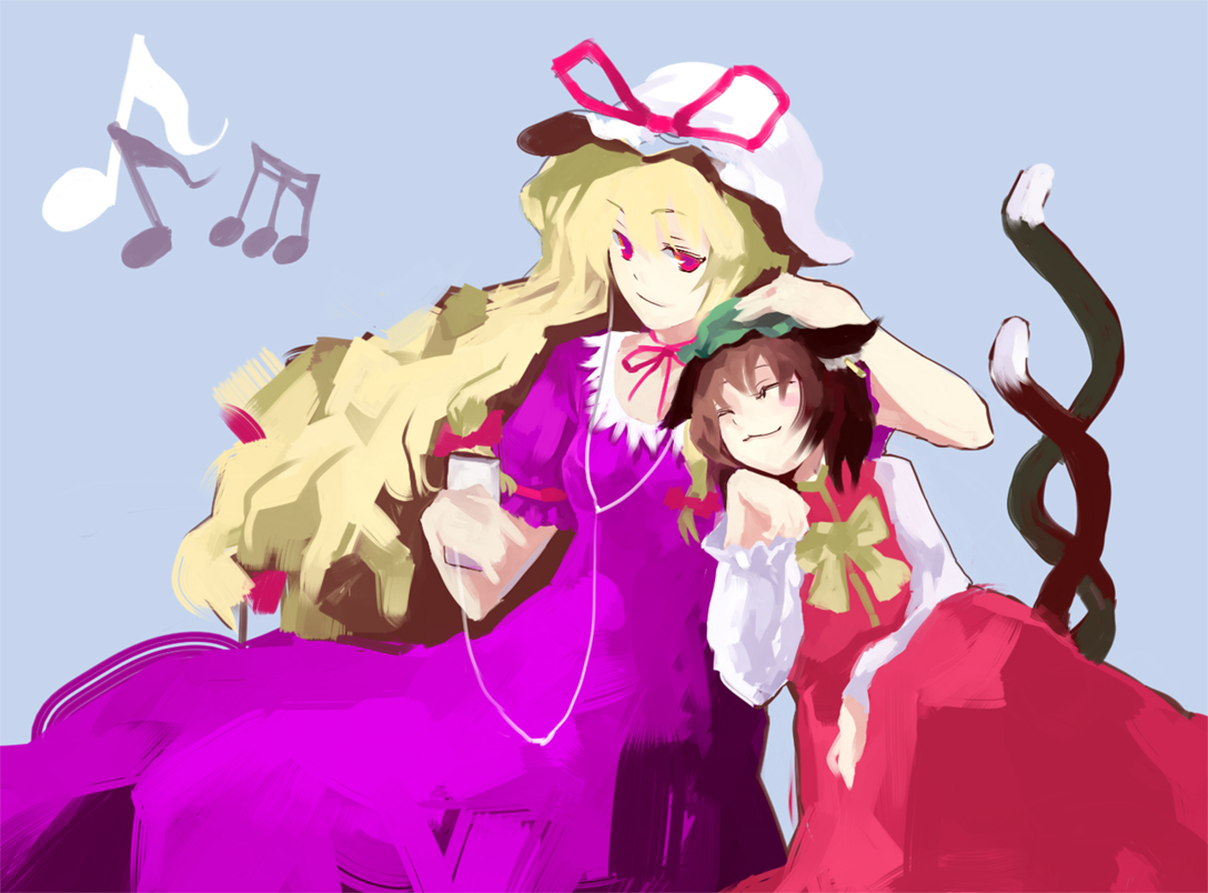 mosuke, chen, yakumo yukari, touhou, 2girls, animal ears, blonde hair, brown hair, cat ears, cat girl, cat tail, digital media player, earphones, earrings, female focus, hat, headpat, ipod, jewelry, multiple girls, multiple tails, musical note, notes, red eyes, ribbon, tail