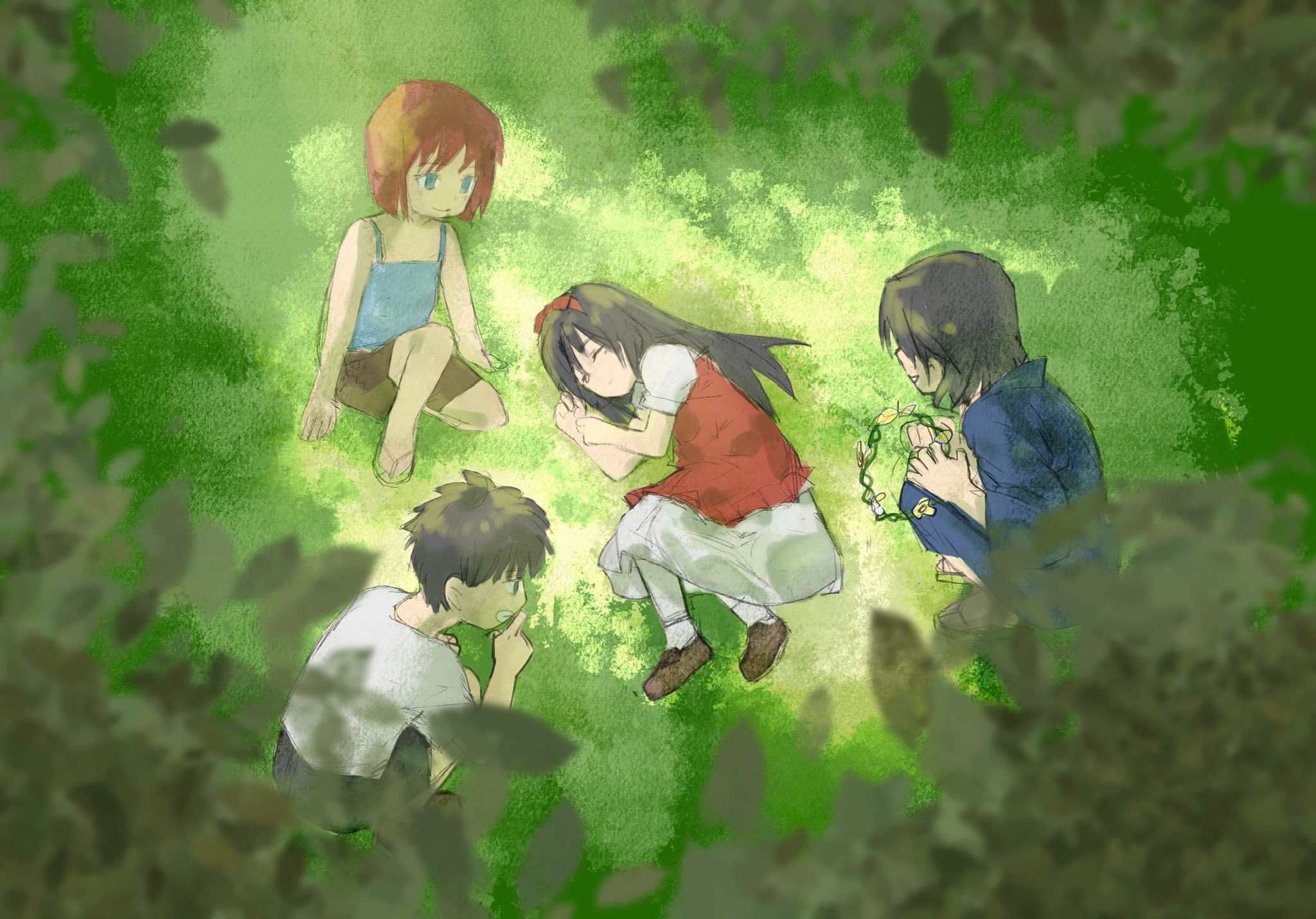 hisui (tsukihime), tohno akiha, tohno shiki, tohno shiki (2), tsukihime, highres, 2boys, 2girls, aged down, black hair, blue eyes, blue kimono, blue tank top, brother and sister, brown shorts, dress, grass, head wreath, japanese clothes, kimono, long hair, looking at another, medium hair, multiple boys, multiple girls, on grass, outdoors, red hair, shirt, short hair, shorts, siblings, sleeping, smile, step-siblings, tank top, white shirt