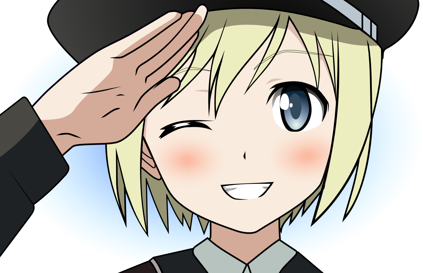 erica hartmann, strike witches, world witches series, uniform, derivative work, highres, vector trace, 00s, 1girl, blonde hair, blue eyes, blush, female focus, hat, one eye closed, salute, solo, wink