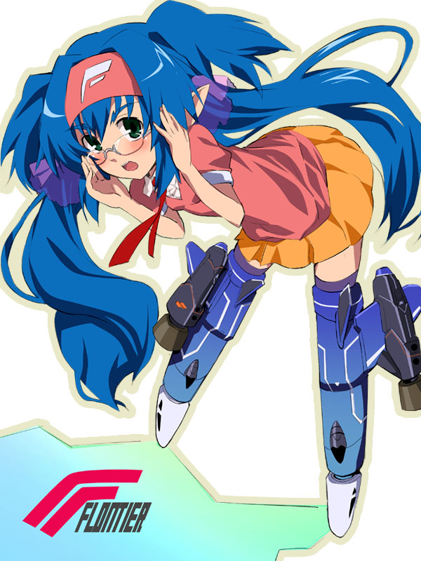 okiura, klan klein, macross, macross frontier, strike witches, world witches series, 1girl, adjusting eyewear, bent over, blue hair, blush, breasts, female focus, full body, glasses, green eyes, hair between eyes, hairband, long hair, long twintails, looking at viewer, miniskirt, necktie, open mouth, orange skirt, parody, pink shirt, pointy ears, puffy short sleeves, puffy sleeves, red necktie, shirt, short sleeves, skirt, small breasts, solo, striker unit, twintails, very long hair