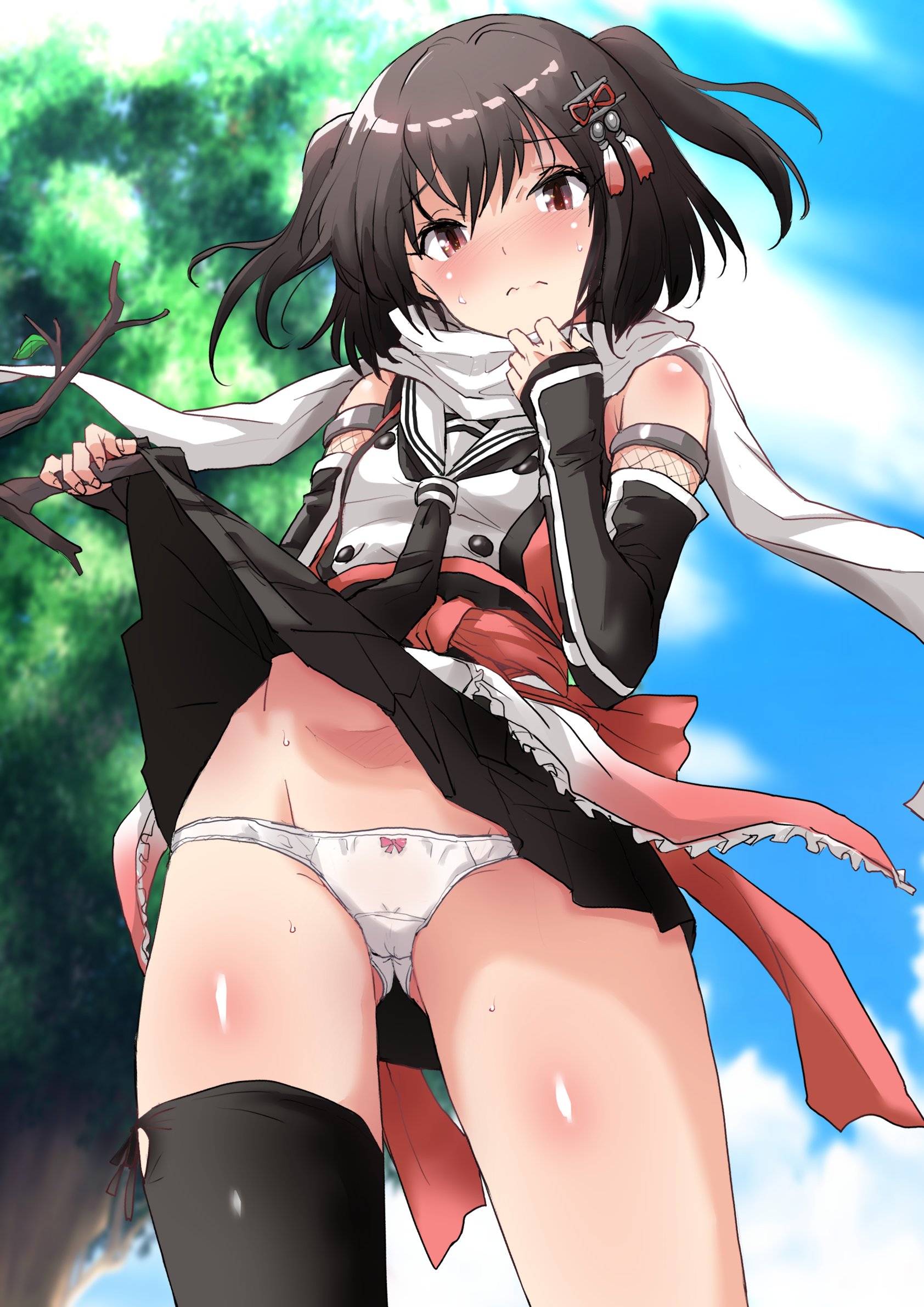 fuji (pixiv24804665), sendai (kancolle), sendai kai ni (kancolle), kantai collection, commission, highres, skeb commission, 1girl, asymmetrical legwear, black hair, black neckerchief, black skirt, black thighhighs, blue sky, brown eyes, buttons, cloud, double-breasted, fingerless gloves, gloves, gluteal fold, neckerchief, orange shirt, panties, pleated skirt, scarf, school uniform, serafuku, shirt, short hair, single thighhigh, skirt, sky, solo, thighhighs, tree, two side up, underwear, uneven legwear, white panties, white scarf