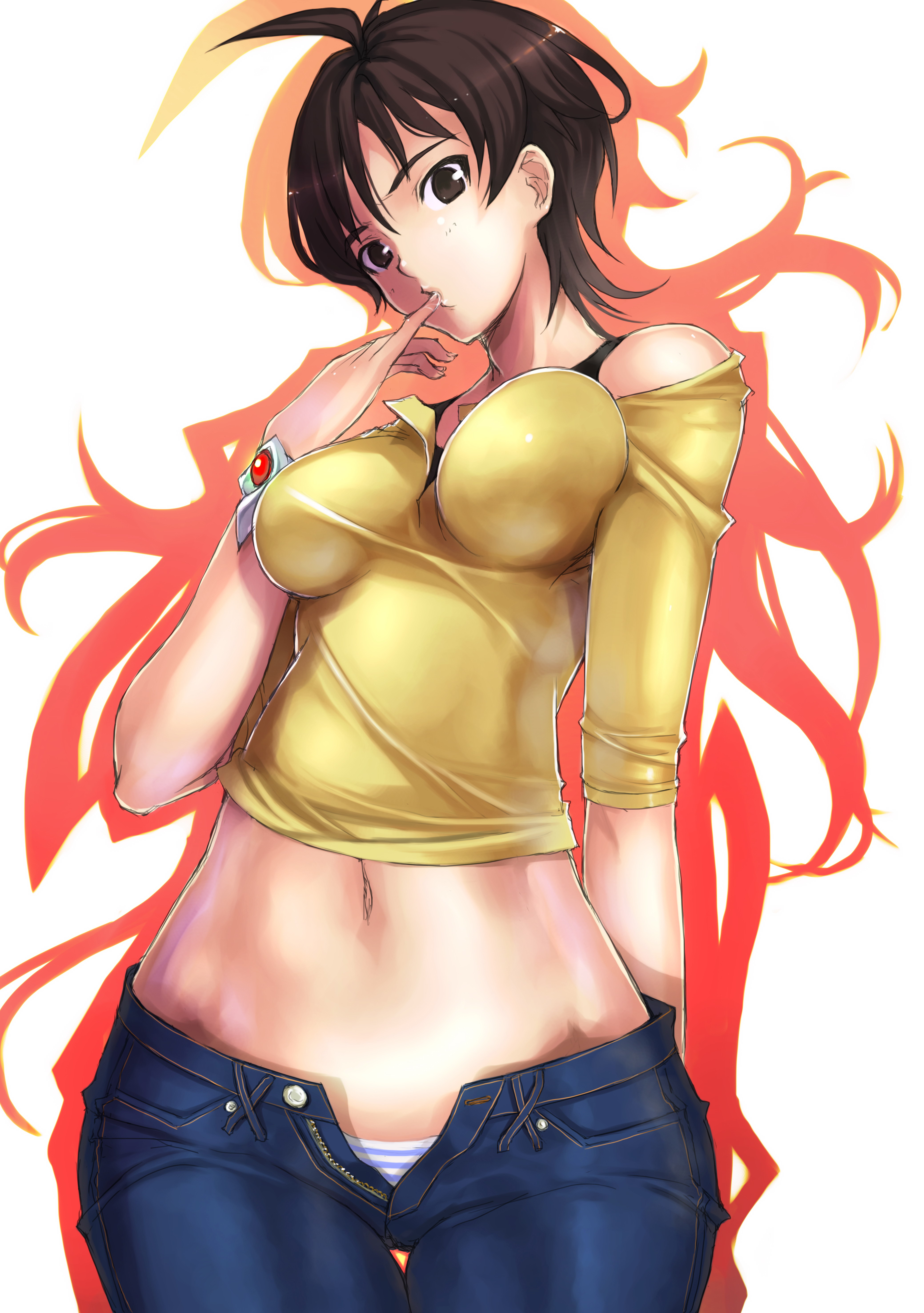 mikazuki akira!, amaha masane, witchblade, absurdres, highres, 00s, 1girl, ahoge, black bra, blouse, blue panties, bra, bracelet, breasts, brown eyes, brown hair, contrapposto, curvy, denim, dual persona, female focus, finger to mouth, hip focus, impossible clothes, impossible shirt, jeans, jewelry, large breasts, licking, licking finger, lingerie, midriff, navel, panties, pants, shirt, short hair, solo, standing, striped clothes, striped panties, thigh gap, thighs, torrent, unbuttoned, underwear, unzipped, wide hips, yellow shirt