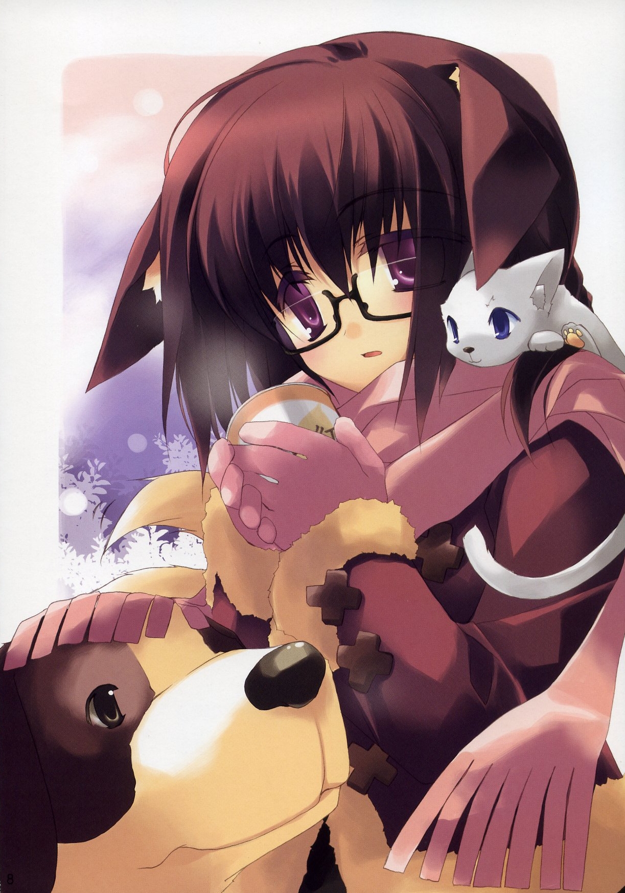 minazuki haruka, highres, 1girl, animal, animal ears, animal on shoulder, black-framed eyewear, brown hair, cat, dog, female focus, glasses, pink scarf, purple eyes, scarf, solo