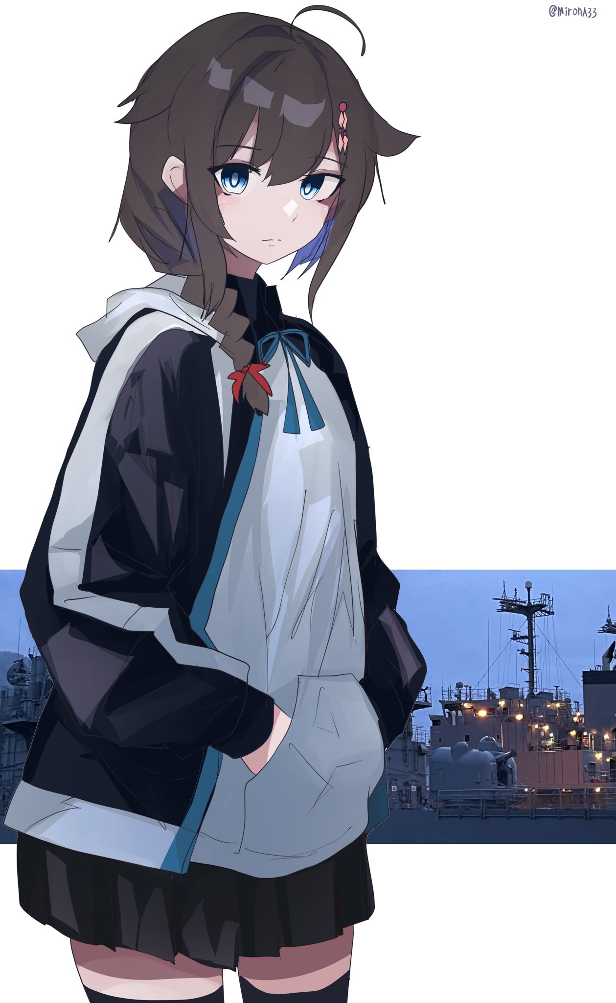 miron (mirona33), shigure (kancolle), shigure kai san (kancolle), kantai collection, commentary request, highres, 1girl, alternate costume, black hair, black jacket, black thighhighs, blue eyes, braid, cowboy shot, hair flaps, hair over shoulder, hands in pockets, jacket, long hair, looking at viewer, pleated skirt, red skirt, single braid, skirt, solo, sweater, thighhighs, white sweater