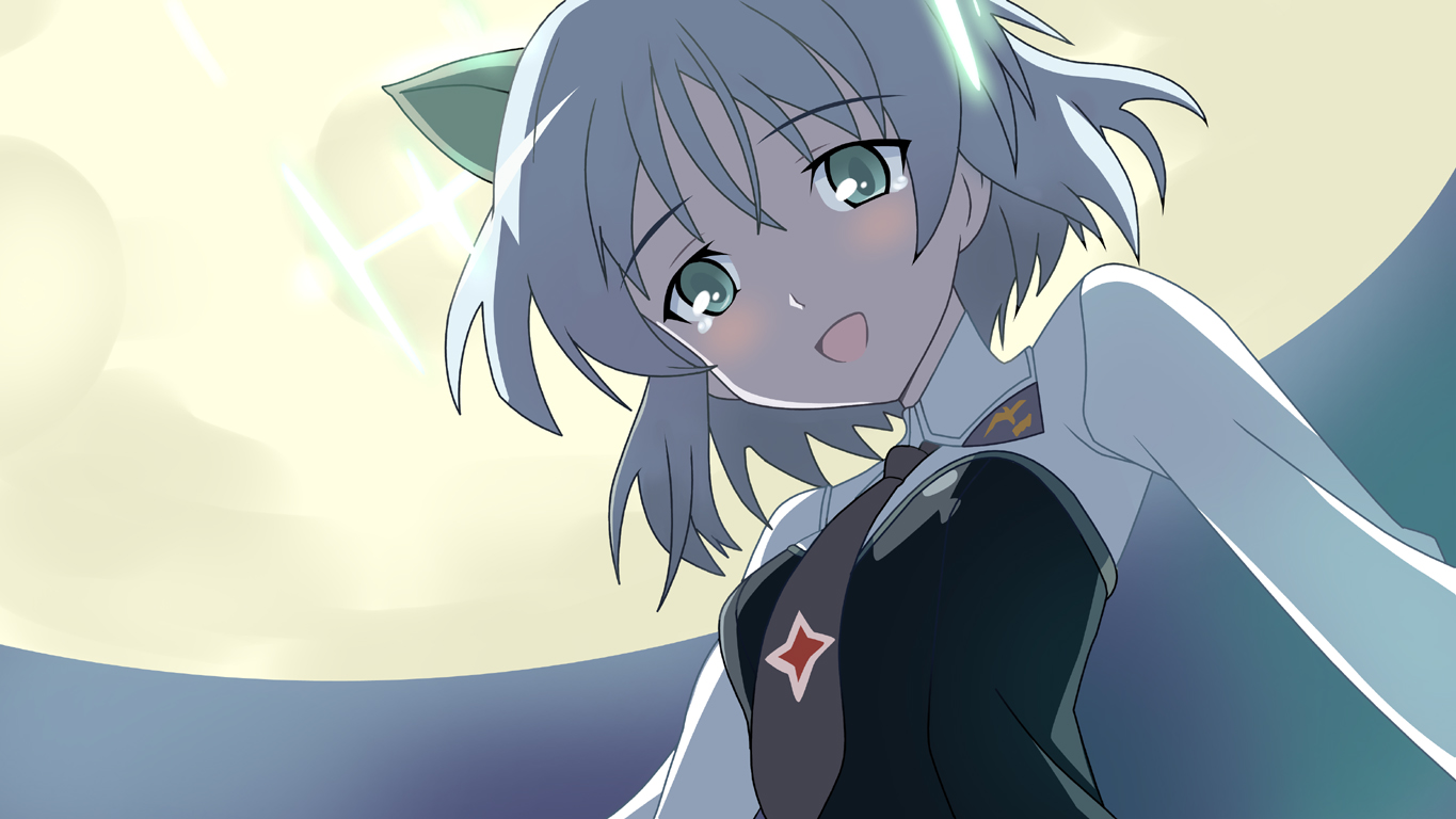 sanya v. litvyak, strike witches, world witches series, silver hair, derivative work, vector trace, 00s, 1girl, animal ears, cat ears, female focus, green eyes, hirschgeweih antennas, military, military uniform, moon, necktie, short hair, solo, tears