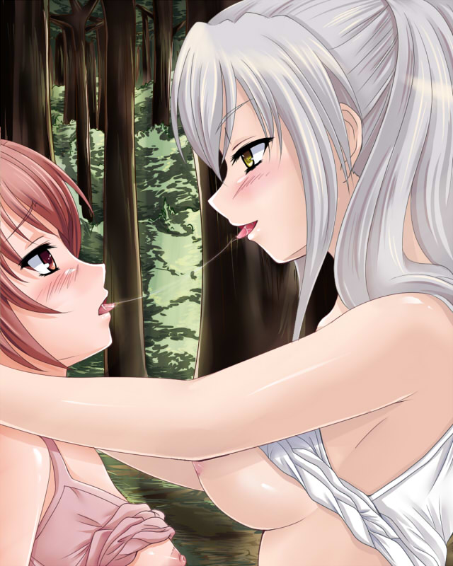 hayami kyuuen, aoi nagisa, hanazono shizuma, strawberry panic!, silver hair, 00s, 2girls, blush, breasts, clothes lift, female focus, kiss, multiple girls, nature, nipples, outdoors, red eyes, red hair, saliva, saliva trail, shiny skin, shirt lift, tongue, tree, yellow eyes, yuri