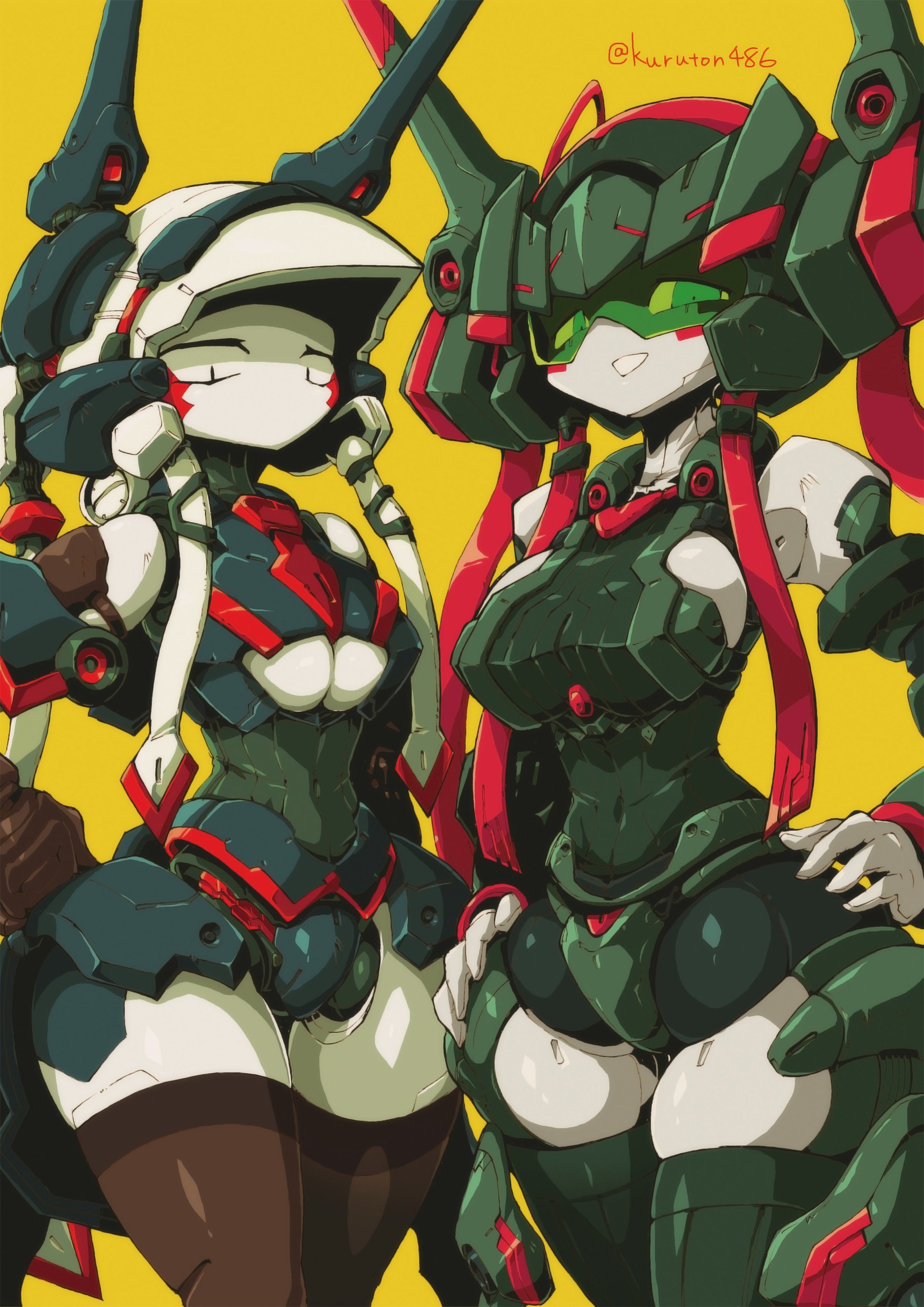 kuruton486, original, absurdres, highres, 2girls, breasts, cleavage, helmet, humanoid robot, joints, mecha, mechanical arms, mechanical hair, medium breasts, metal hair, multiple girls, no humans, no mouth, robot, robot girl, robot joints, simple background, thighhighs, thighs, underboob, yellow background, zettai ryouiki