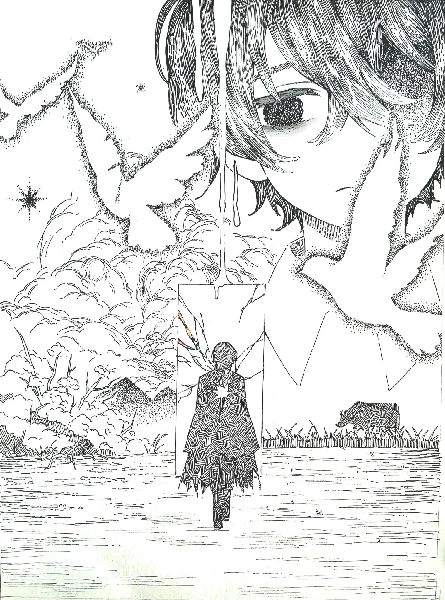 may.l, yi sang (project moon), limbus company, mili (band), project moon, highres, 1boy, bird, black eyes, black hair, closed mouth, collared shirt, cow, crow, fly my wings, full body, greyscale, looking at viewer, male focus, monochrome, multiple views, shirt, short hair, silhouette, simple background, solo, standing, upper body, white background