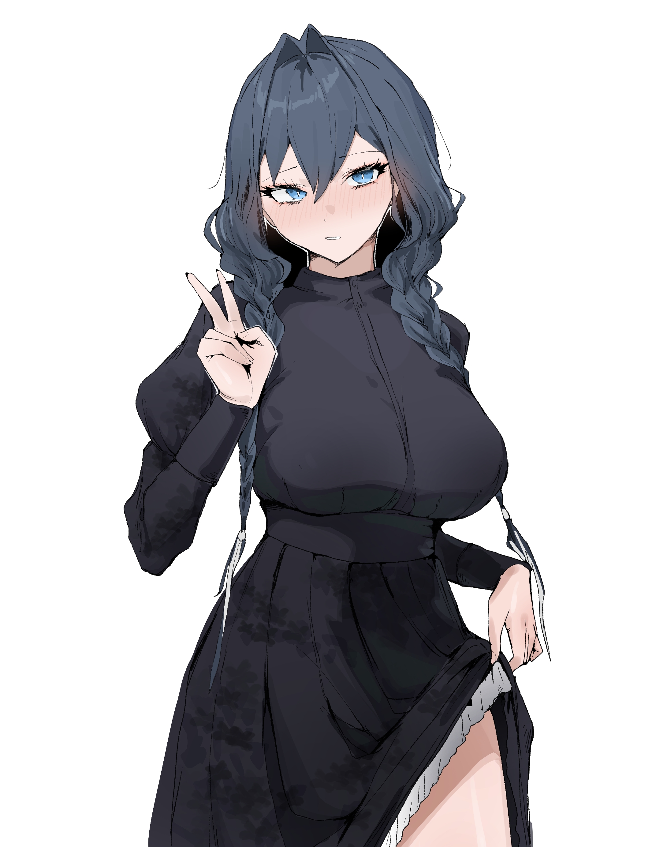 sio4 4, ouro kronii, ouro kronii (maid), hololive, hololive english, absurdres, highres, black dress, blue eyes, blue hair, blush, braid, breasts, dress, hair intakes, large breasts, long hair, long sleeves, looking at viewer, pulling own clothes, thighs, twin braids, v, virtual youtuber
