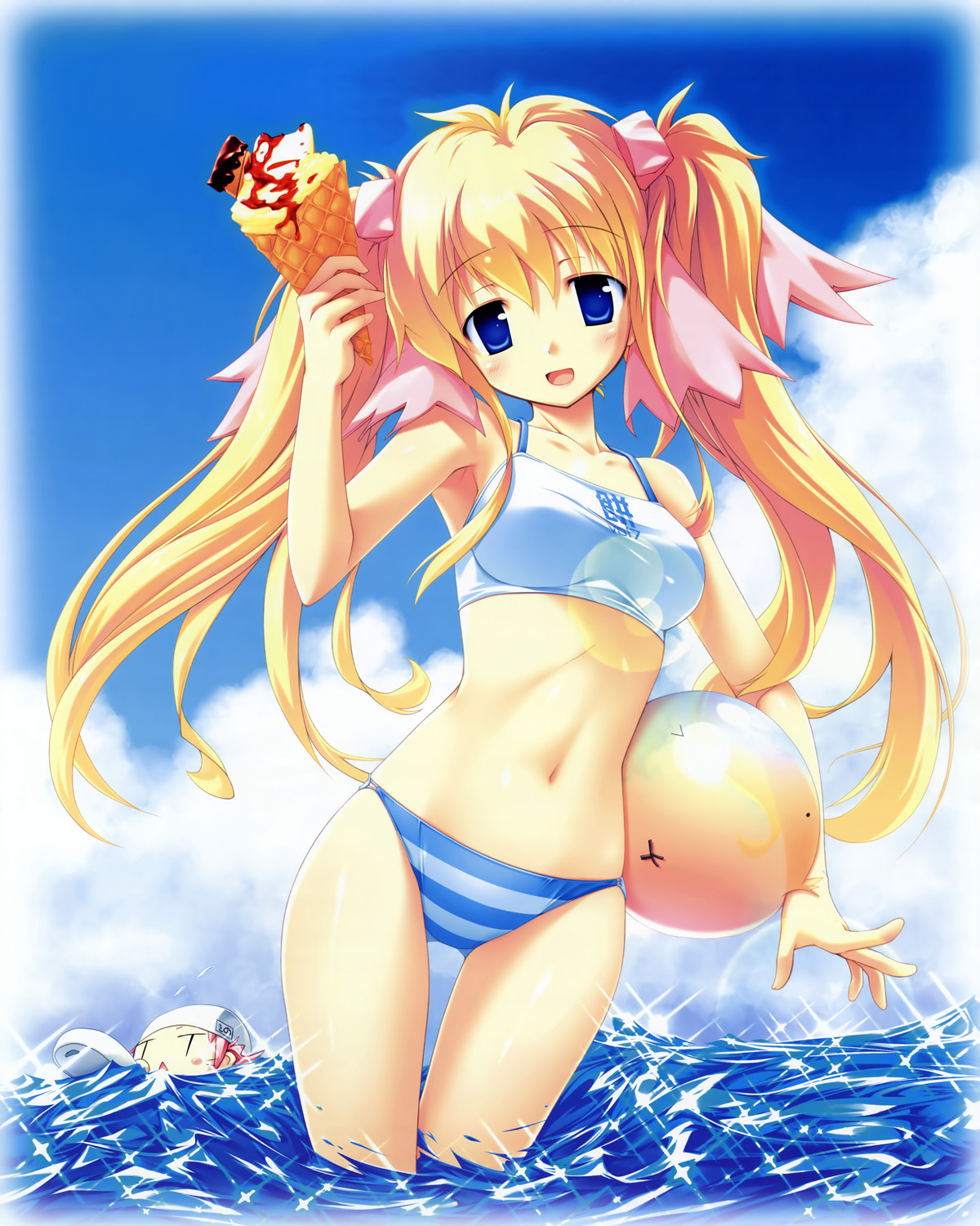 fue (tsuzuku), doumyouji sakura, kino kyouka, volume7, highres, 2girls, ball, bikini, blonde hair, blue eyes, chibi, cloud, day, food, holding, ice cream, long hair, multiple girls, navel, ribbon, sparkle, striped bikini, striped clothes, swimsuit, tankini, thigh gap, twintails, water