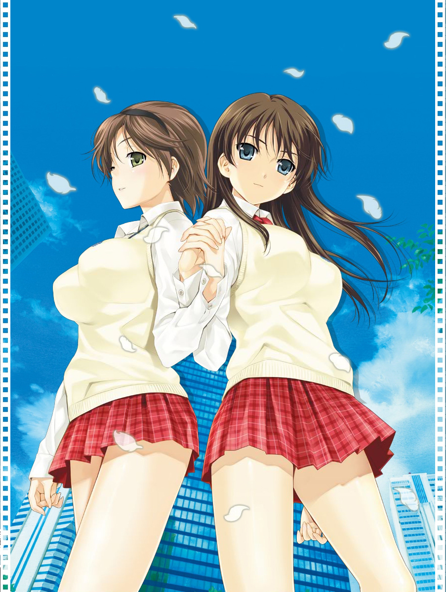 happoubi jin, honma natsume, iseshima aya, zettai shougeki, highres, 00s, 2girls, blue eyes, brown hair, day, green eyes, long hair, multiple girls, plaid clothes, plaid skirt, school uniform, serafuku, short hair, skirt, sky, yuri