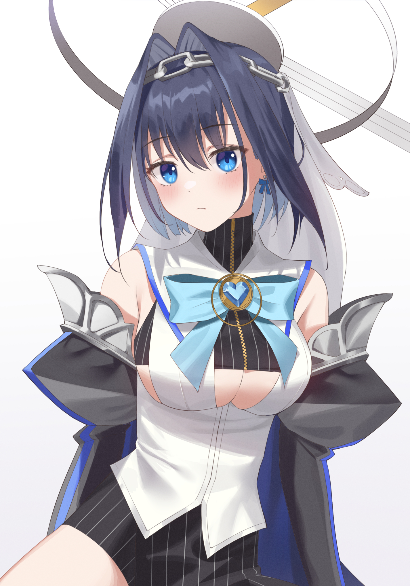 enpido, ouro kronii, hololive, hololive english, commentary, highres, 1girl, blue eyes, blue hair, breasts, chain, chain headband, closed mouth, clothing cutout, detached sleeves, hair intakes, heart-shaped gem, large breasts, looking at viewer, simple background, solo, underboob cutout, virtual youtuber, white background