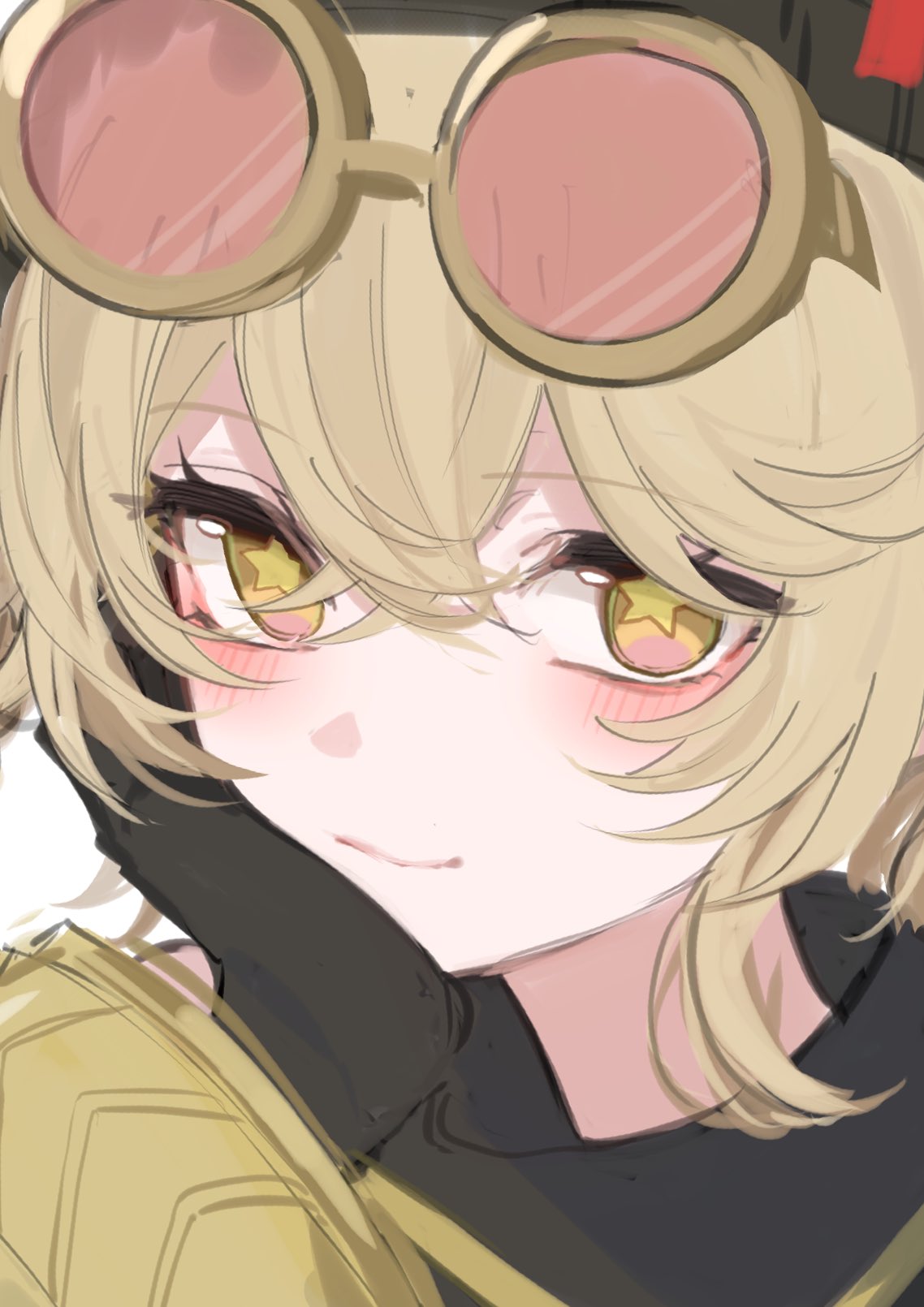 magnet 8 8, jahoda (genshin impact), genshin impact, highres, 1girl, beanie, blonde hair, eyewear on head, gloves, goggles, goggles on head, hair between eyes, hand on own cheek, hand on own chin, hand on own face, hat, head rest, looking at viewer, pink-tinted eyewear, portrait, smile, solo, star-shaped pupils, star (symbol), symbol-shaped pupils, tinted eyewear, yellow eyes