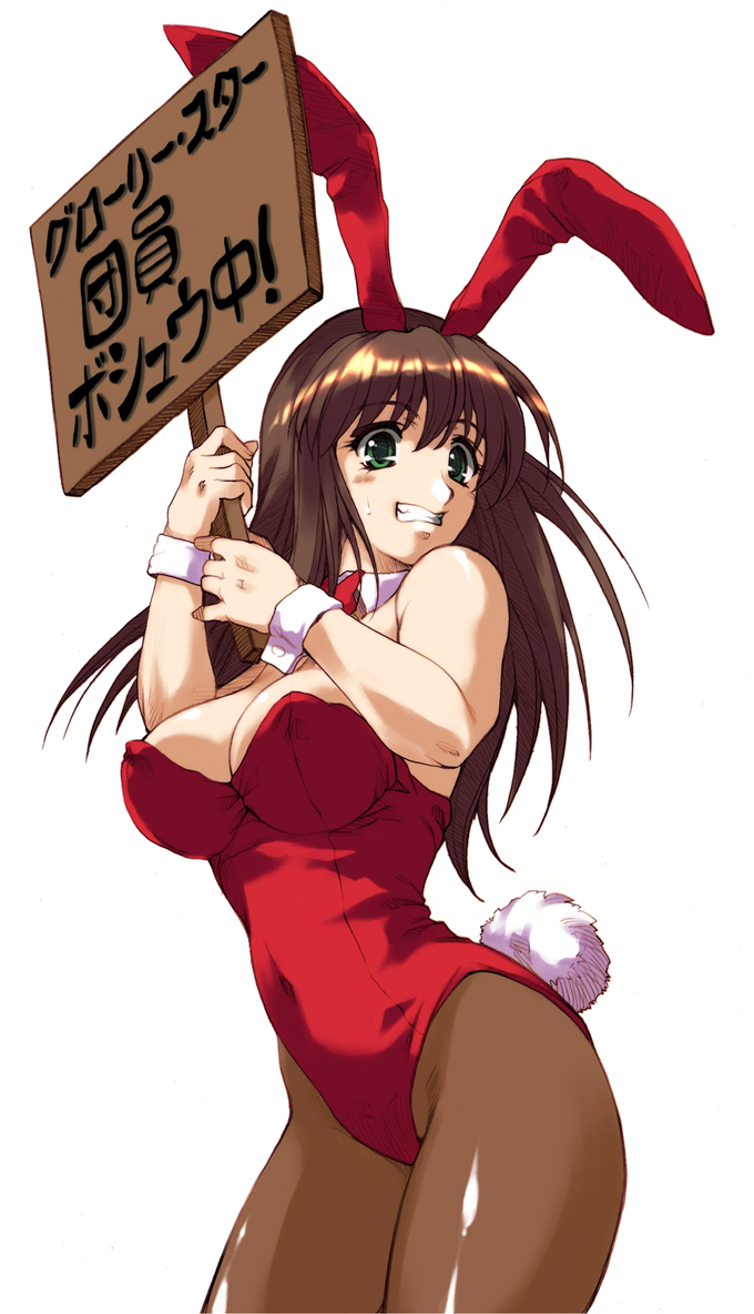 hisahiko, setsuko ohara, banpresto, original, super robot wars, super robot wars z, super robot wars z1, translated, 1girl, animal ears, bow, bowtie, breasts, brown hair, brown pantyhose, cleavage, clenched teeth, cuffs, detached collar, fake animal ears, female focus, green eyes, holding, holding sign, large breasts, long hair, pantyhose, playboy bunny, rabbit ears, rabbit tail, red bow, red bowtie, sign, solo, sweatdrop, tail, teeth, wrist cuffs