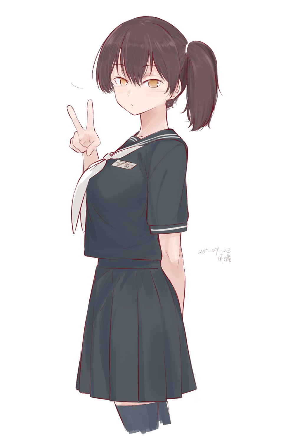 hikashima (shiofune), kaga (kancolle), kantai collection, highres, 1girl, bikini, black sailor collar, black serafuku, black shirt, black skirt, black thighhighs, brown hair, cowboy shot, neckerchief, pleated skirt, sailor collar, sailor shirt, school uniform, serafuku, shirt, side-tie bikini bottom, simple background, skirt, solo, swimsuit, thighhighs, v, white background, white neckerchief, yellow eyes