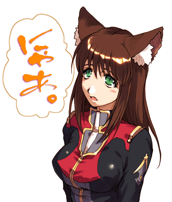 hisahiko, setsuko ohara, banpresto, original, super robot wars, super robot wars z, super robot wars z1, 1girl, animal ears, breasts, brown hair, cat ears, fang, female focus, green eyes, large breasts, long hair, slit pupils, solo