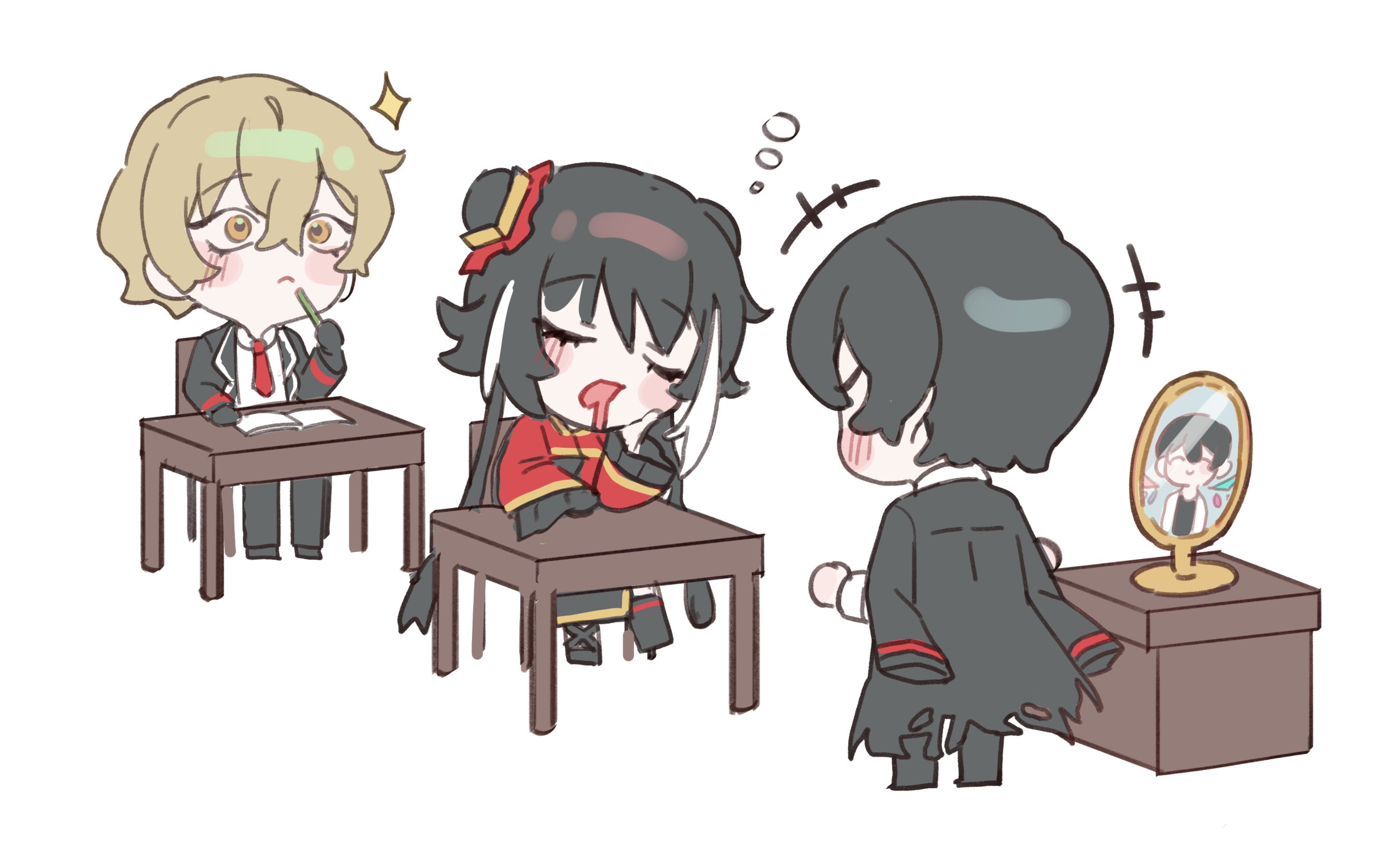 may.l, jia xichun (project moon), sinclair (project moon), yi sang (project moon), limbus company, project moon, highres, 1girl, 2boys, :<, black coat, black dress, black gloves, black hair, chibi, chinese clothes, coat, coat on shoulders, collared shirt, desk, double bun, dress, drooling, full body, gloves, hair bun, long hair, long sleeves, looking at another, mirror, multicolored hair, multiple boys, necktie, open mouth, red necktie, red shrug, school desk, shirt, short hair, shrug (clothing), simple background, sitting, sleeping, squeans, standing, streaked hair, twintails, white background, white shirt, white streaks