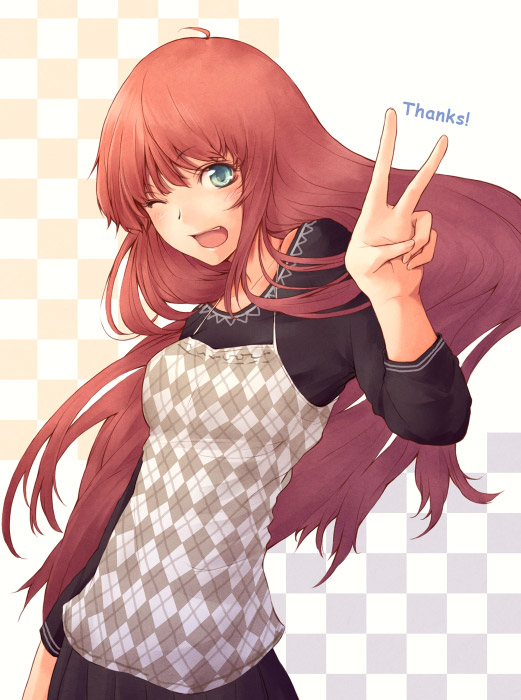 tokunou shoutarou, lulu (komorebi no kuni), lulu (shoutarou), komorebi no kuni, original, 1girl, aqua eyes, female focus, long hair, one eye closed, red hair, solo, v, wink
