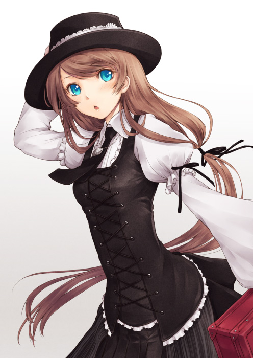 tokunou shoutarou, original, 1girl, blue eyes, brown hair, corset, female focus, hat, long hair, necktie, ponytail, solo, suitcase
