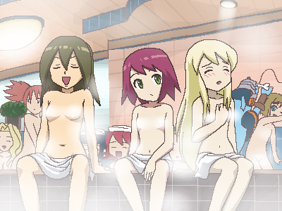 awa, hope stelar (mega man), luna platz (mega man), mayl sakurai (mega man), mayu (ryuusei no rockman), ms. madd (mega man), princess pride (mega man), sonia strumm (mega man), capcom, mega man (series), mega man battle network, mega man battle network (series), mega man star force (series), lowres, 00s, 6+girls, bath, blonde hair, brown eyes, brown hair, censored, closed eyes, convenient censoring, crossover, hair down, happy, jaggy lines, mature female, multiple girls, nude, oekaki, red hair, steam, steam censor, towel
