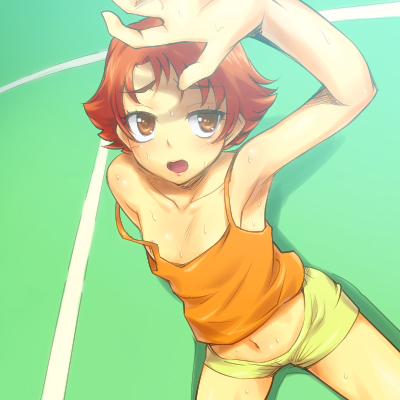 hairu, natsuki rin, precure, yes! precure 5, lowres, 00s, 1girl, armpits, brown eyes, camisole, female focus, flipped hair, midriff, navel, red hair, short hair, shorts, solo, strap slip