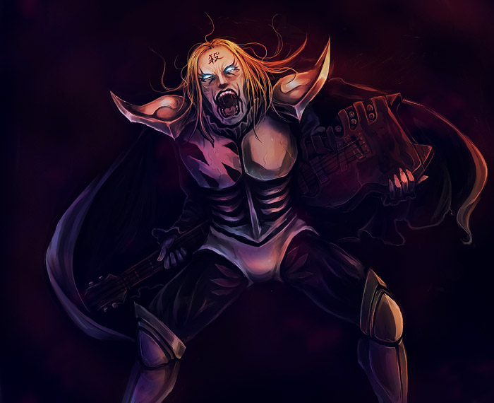 color summoner, kara (color), johannes krauser ii, detroit metal city, 00s, 1boy, ahoge, armor, armored boots, blonde hair, blue eyes, bodysuit, boots, dark, guitar, instrument, knee boots, male focus, muscular, saliva, shoulder pads, simple background, solo, spread legs, tattoo, teeth