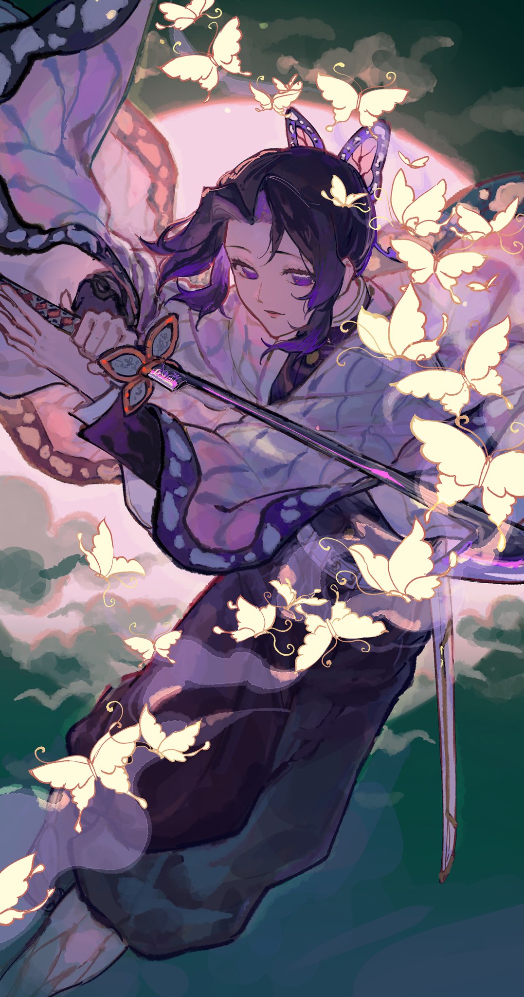 kochou shinobu, kimetsu no yaiba, highres, 1girl, animal print, bug, butterfly, butterfly hair ornament, butterfly print, demon slayer uniform, earrings, hair ornament, hanafuda earrings, haori, insect, japanese clothes, jewelry, katana, purple butterfly, ruupoppo, solo, sword, sword writing, weapon
