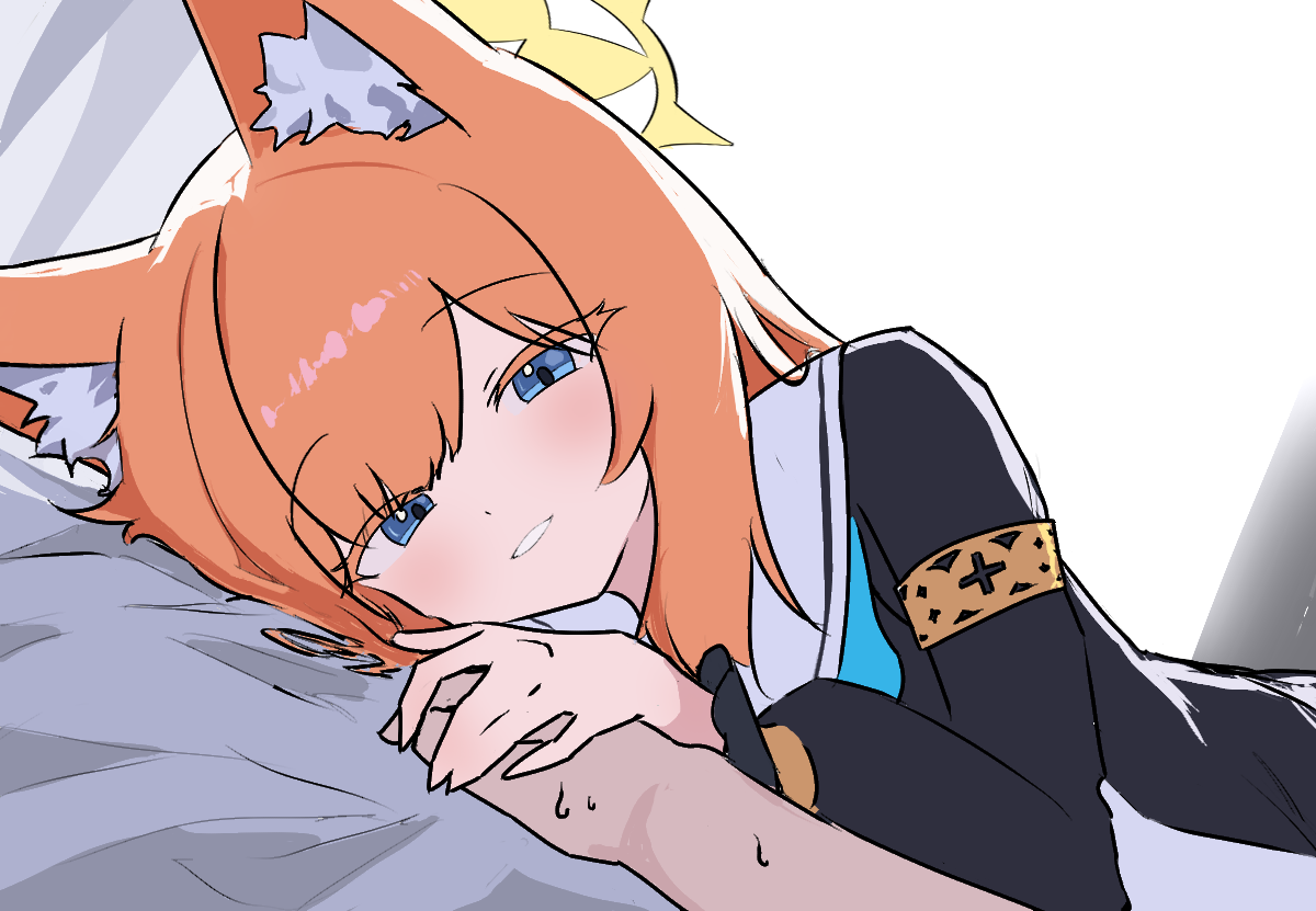 wingcat, mari (blue archive), blue archive, commentary, commentary request, english commentary, korean commentary, animal ear fluff, animal ears, armlet, black shirt, blue eyes, blue neckerchief, cat ears, cat girl, dot nose, dutch angle, grin, halo, hand on another's hand, jewelry, long hair, long sidelocks, long sleeves, looking at viewer, lying, neckerchief, on side, orange hair, parted bangs, pov, pov hands, puffy long sleeves, puffy sleeves, raised eyebrows, sailor collar, school uniform, shirt, sidelocks, smile, teeth, upper body, white background, white sailor collar, yellow halo