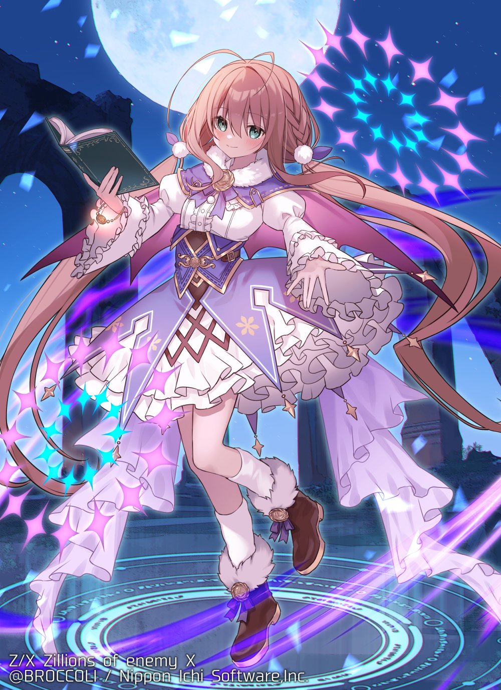saiki komari, z/x, highres, official art, 1girl, antenna hair, book, braid, brown hair, brown shoes, closed mouth, copyright notice, dress, frilled dress, frills, full body, fur-trimmed shoes, green eyes, hair ornament, holding, holding book, kurashiki sera, long hair, low twintails, magic circle, moon, night, night sky, open book, shoes, sky, socks, standing, standing on one leg, twintails, very long hair, white socks