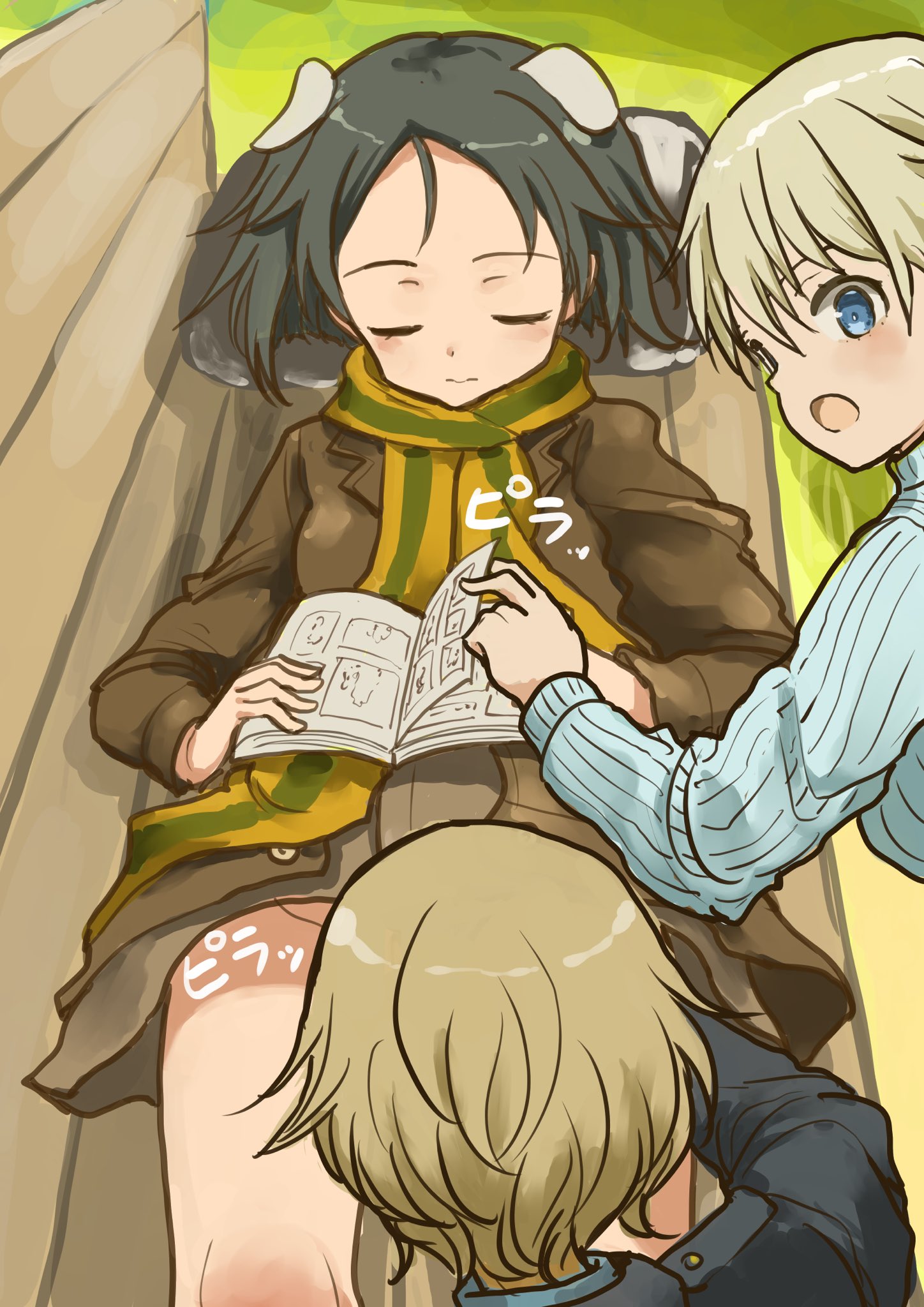 murayama kei, kanno naoe, nikka edvardine katajainen, waltrud krupinski, brave witches, world witches series, highres, 3girls, animal ears, back, bench, black hair, black jacket, blonde hair, blue eyes, blue sweater, book, brown hair, brown jacket, dog ears, holding, jacket, looking at another, lying, military uniform, multiple girls, no pants, open mouth, outdoors, park bench, scarf, short hair, sleeping, striped clothes, striped scarf, sweater