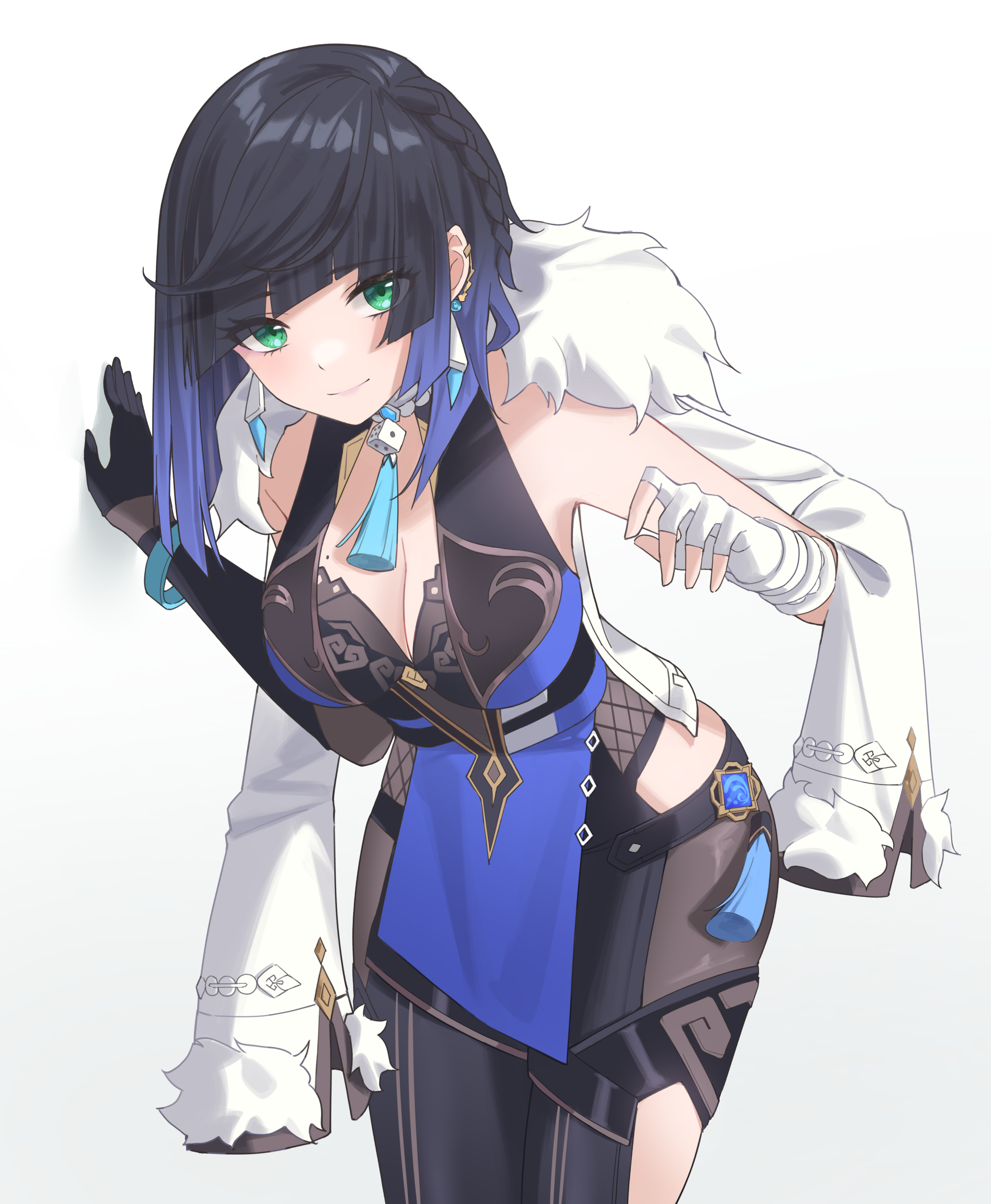 enpido, yelan (genshin impact), genshin impact, absurdres, commentary request, highres, 1girl, asymmetrical gloves, black gloves, bob cut, bodysuit, breasts, cleavage, closed mouth, cowboy shot, diagonal bangs, earrings, elbow gloves, fur-trimmed jacket, fur trim, gloves, green eyes, jacket, jewelry, large breasts, leaning forward, looking at viewer, mismatched gloves, mole, mole on breast, short hair, simple background, single elbow glove, smile, solo, white background, white gloves, white jacket