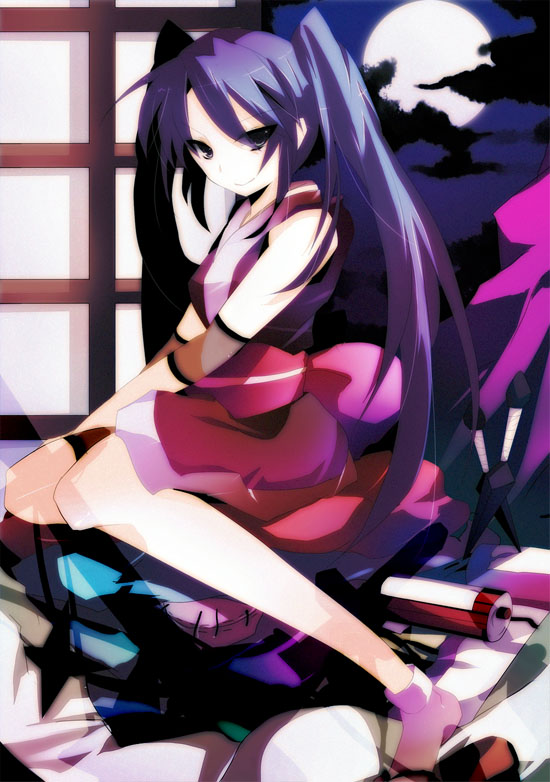 kurohara yuu, hatsune miku, vocaloid, 1girl, alternate costume, closed mouth, cloud, cushion, elbow pads, female focus, indoors, japanese clothes, kimono, kunai, long hair, looking at viewer, moon, night, night sky, ninja, no shoes, sandals, scroll, shoe dangle, short kimono, shuriken, sitting, sky, sleeveless, sleeveless kimono, sliding doors, smile, socks, solo, stitches, twintails, weapon
