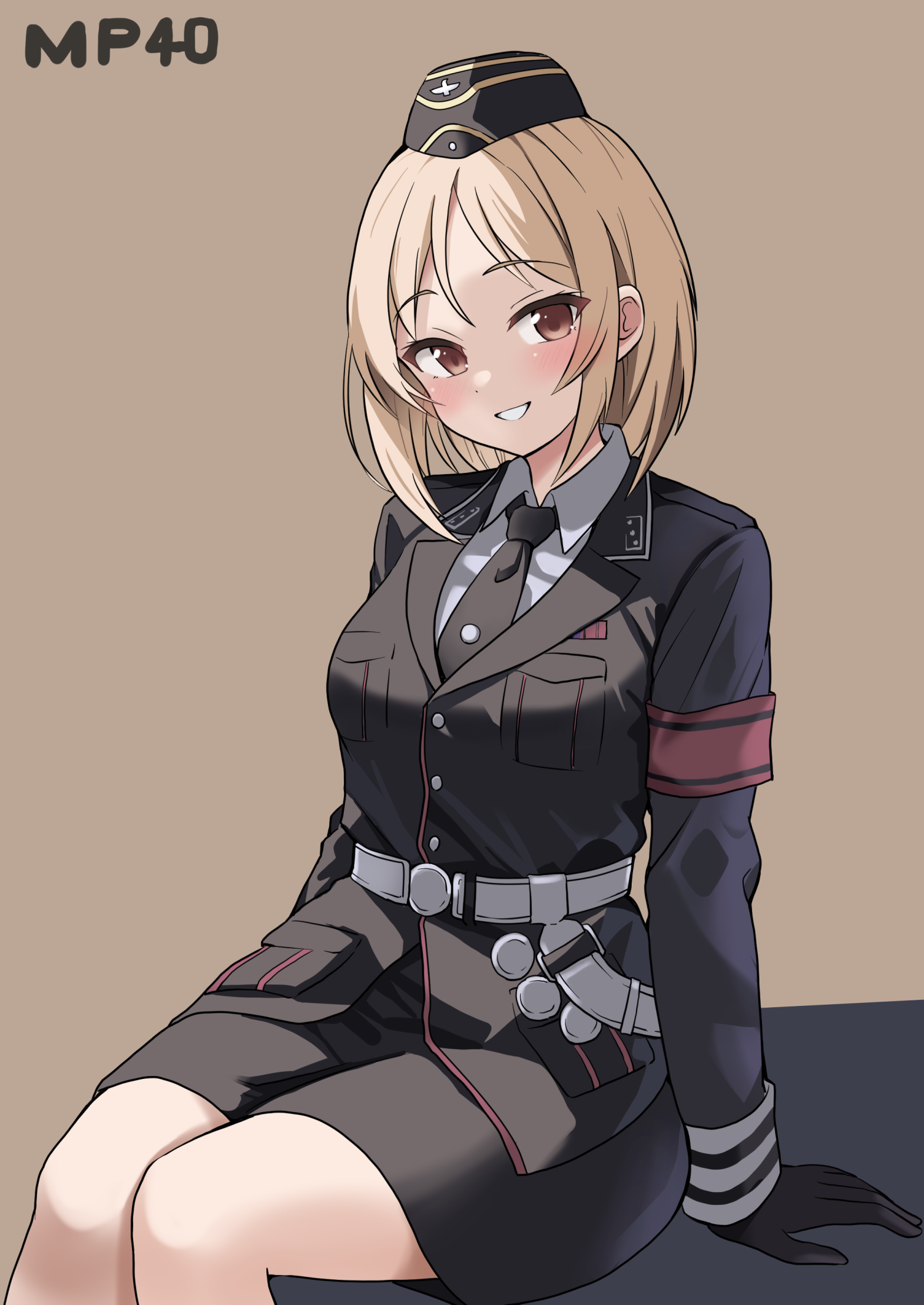 ki-51 (ampullaria), mp40 (girls' frontline), girls' frontline, highres, 1girl, armband, belt, black gloves, black hat, black jacket, black necktie, black skirt, blonde hair, blush, breasts, brown background, brown eyes, character name, collared shirt, gloves, hat, jacket, large breasts, long sleeves, looking at viewer, medium hair, military hat, military uniform, necktie, open mouth, red armband, shirt, simple background, sitting, skirt, smile, solo, upper body, white shirt